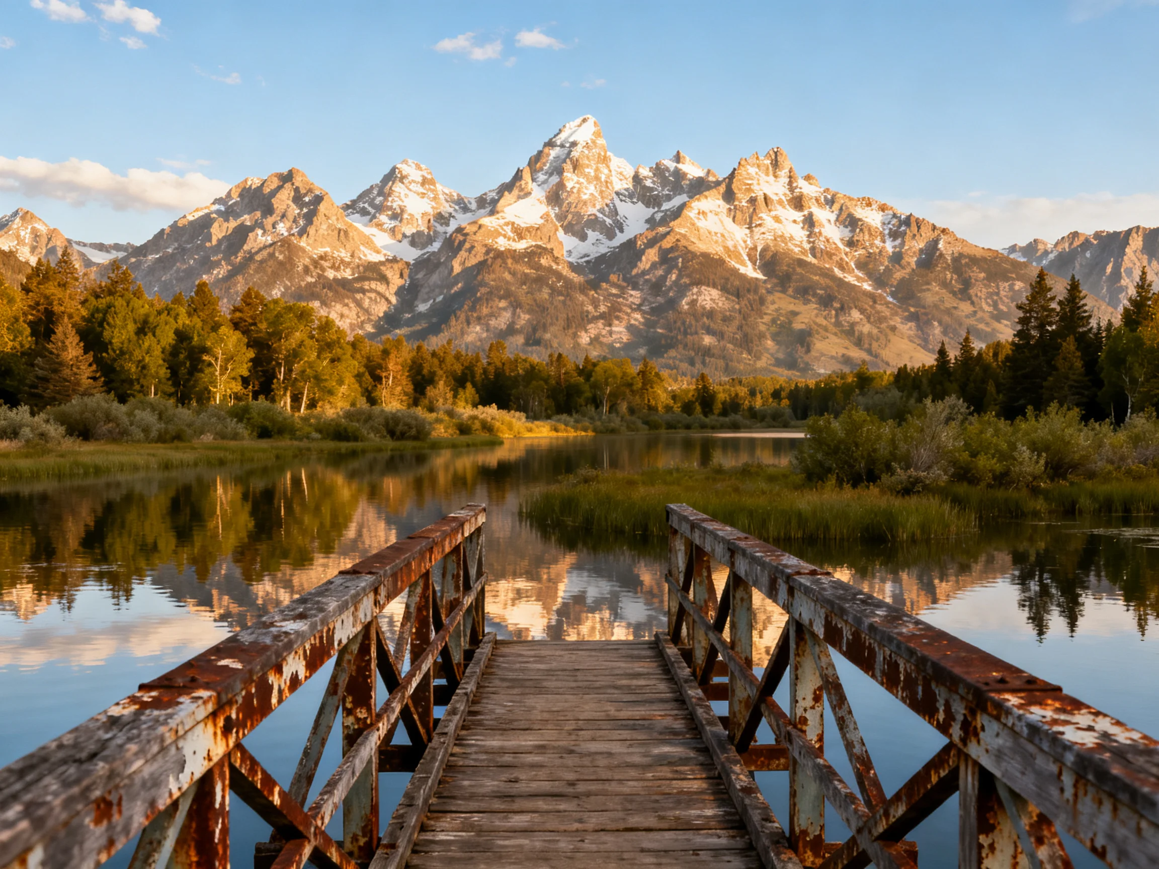 A weathered wooden bridge leads toward snow-capped mountains reflecting in calm waters