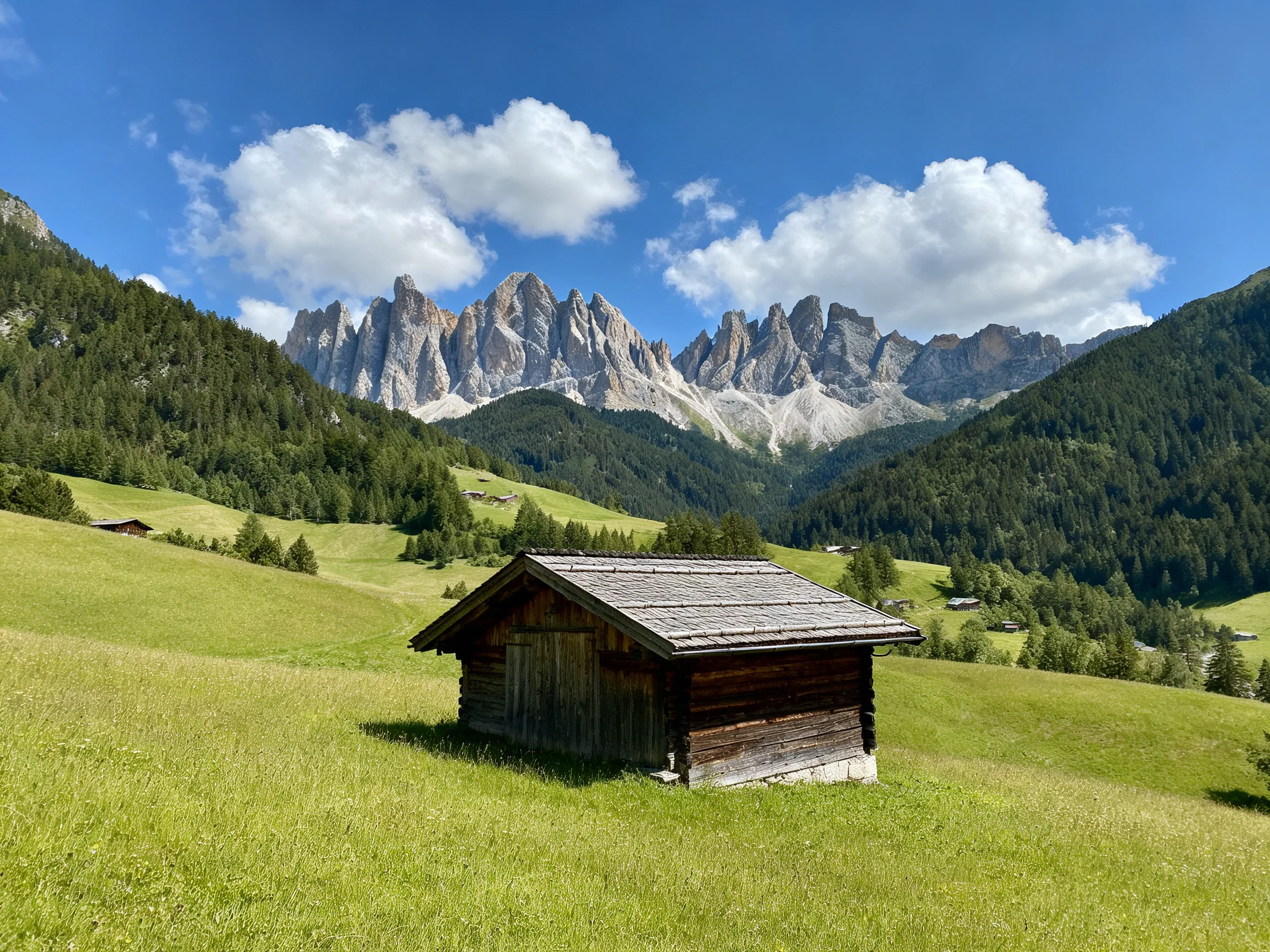 A weathered wooden cabin in a green meadow near rocky mountain peaks