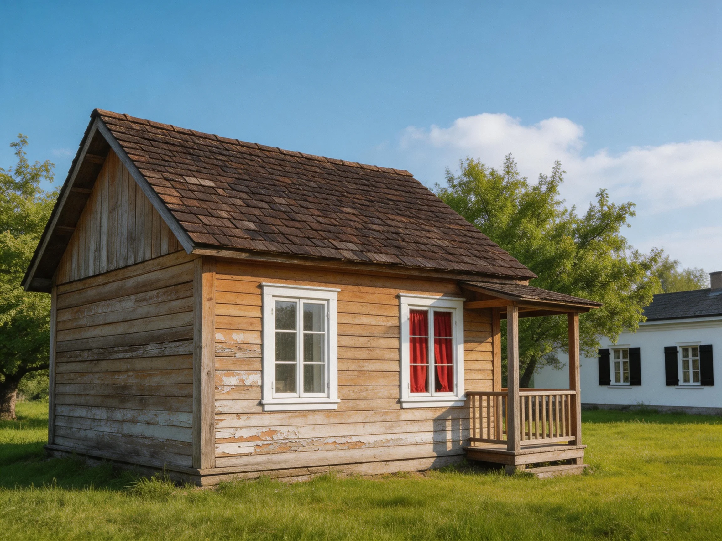 A weathered wooden cabin with red curtains on a grassy field