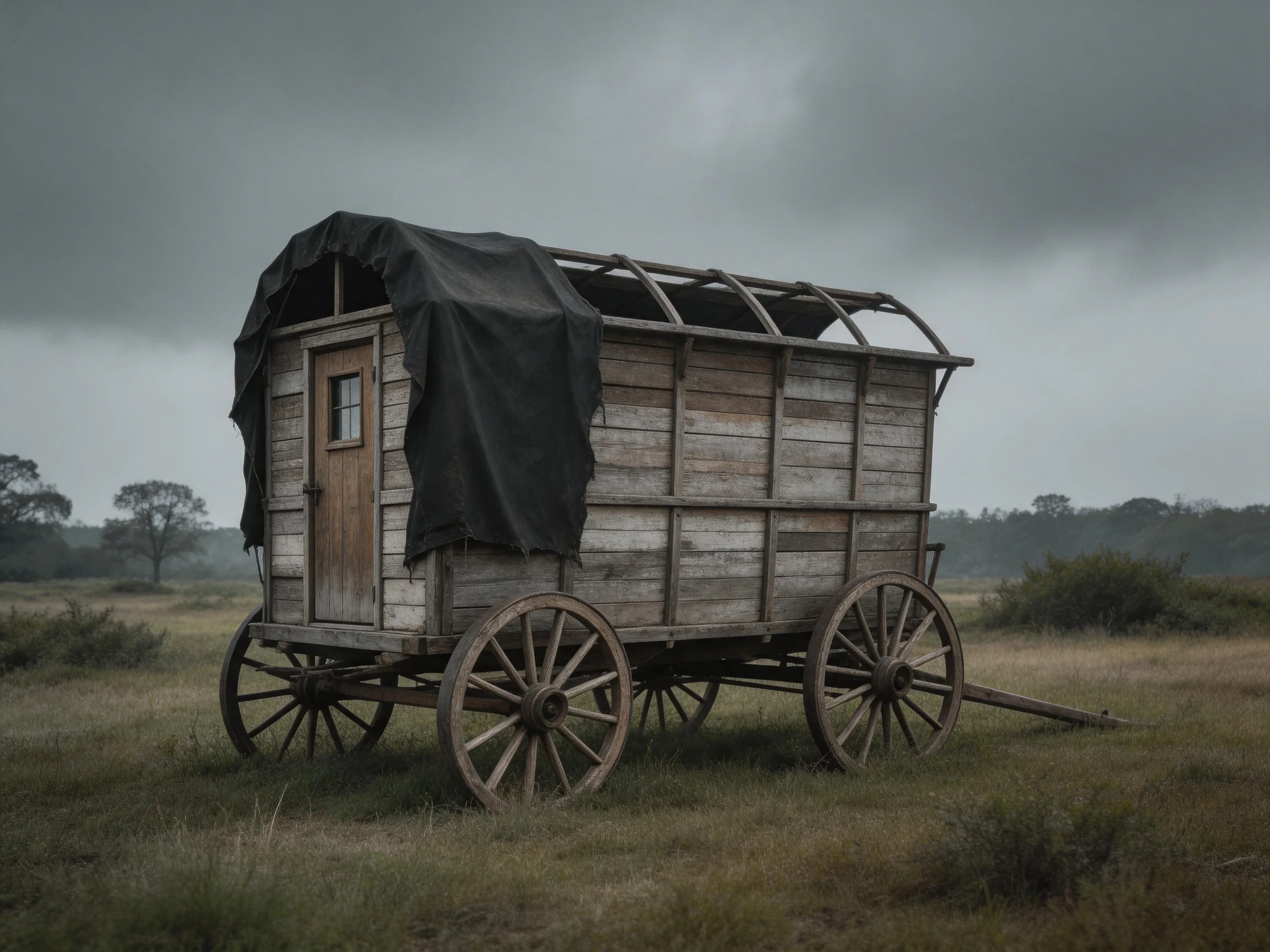 A weathered wooden covered wagon sits alone in an open field with stormy skies