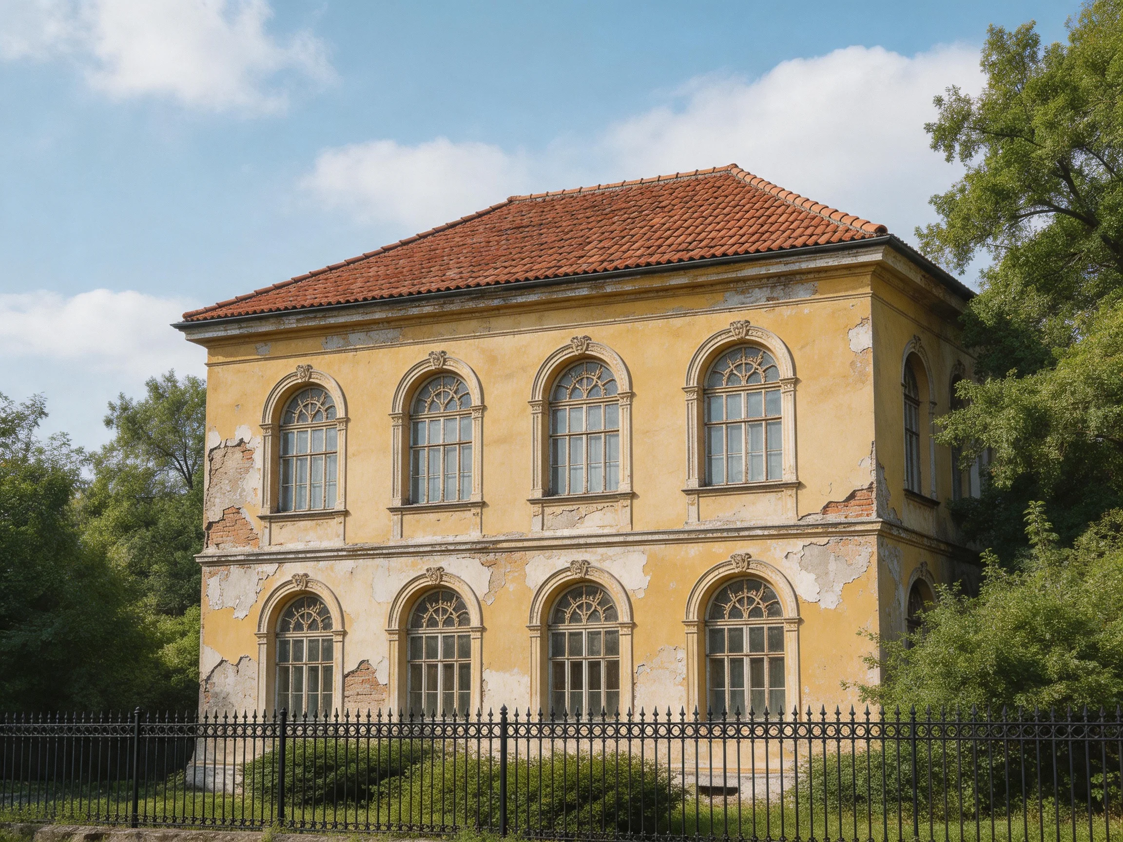 A weathered yellow two-story house with arched windows and red tile roof
