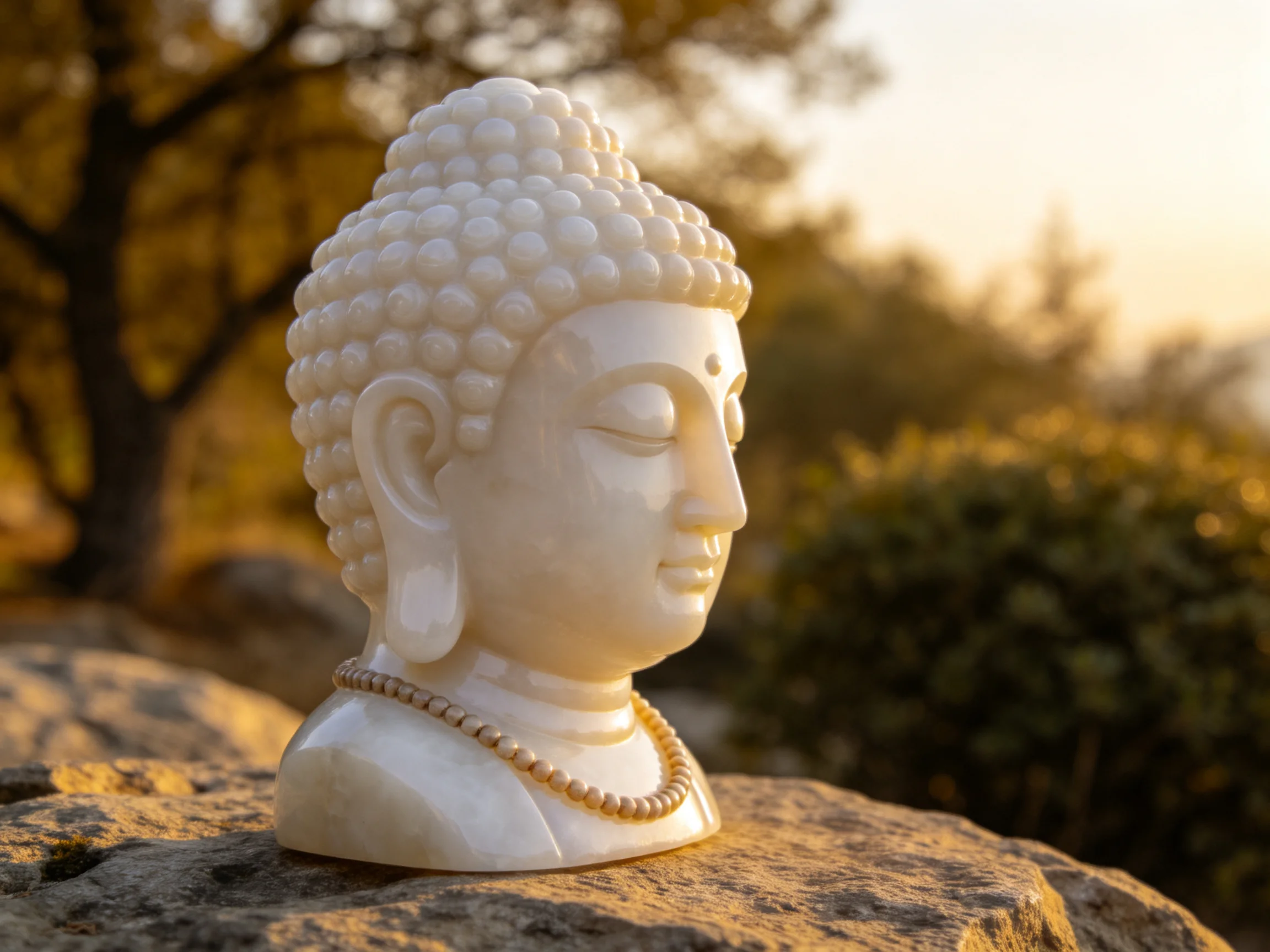 A white Buddha bust on a rocky surface with natural surroundings