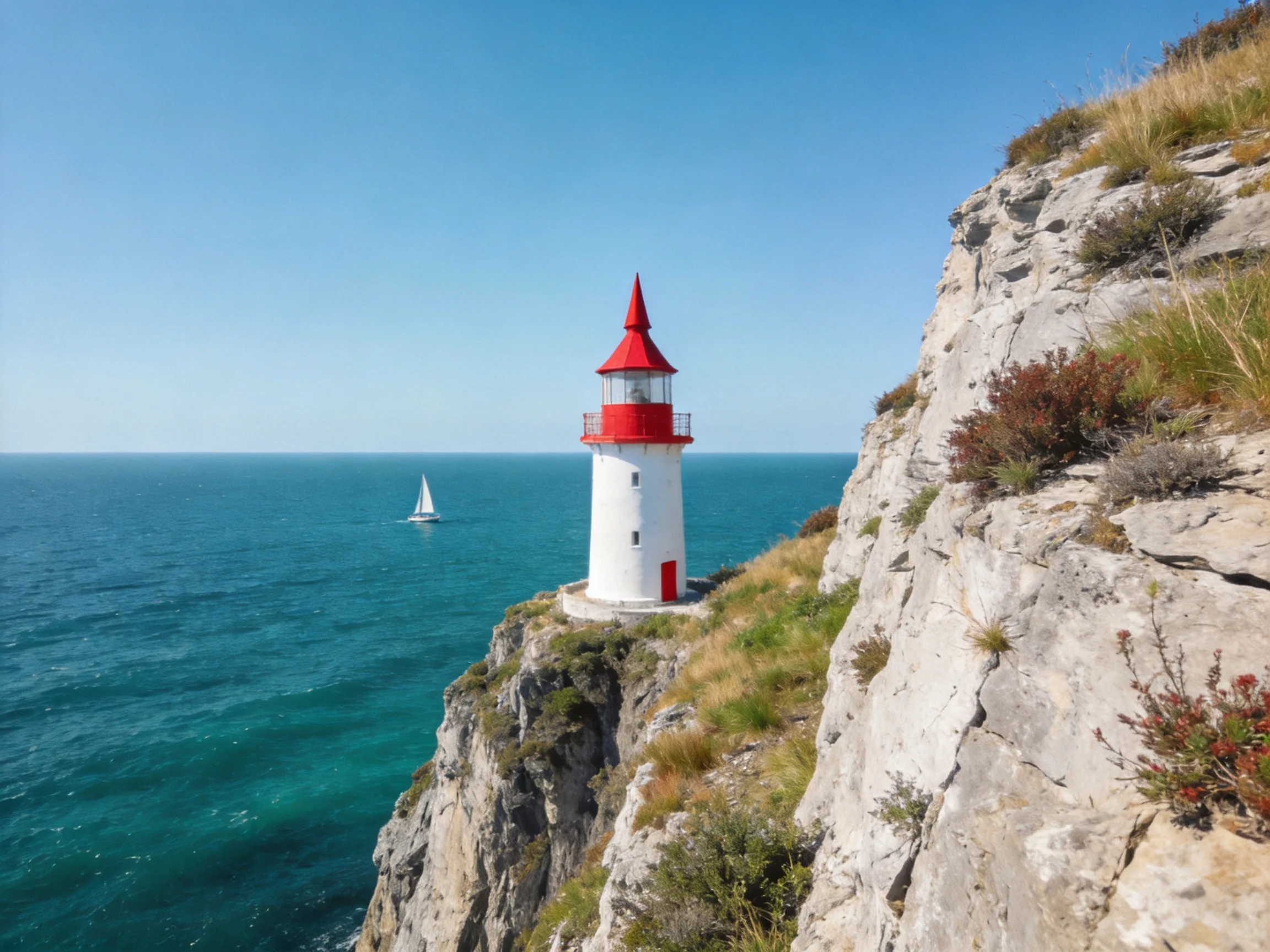 A white and red lighthouse atop a rocky cliff by turquoise sea