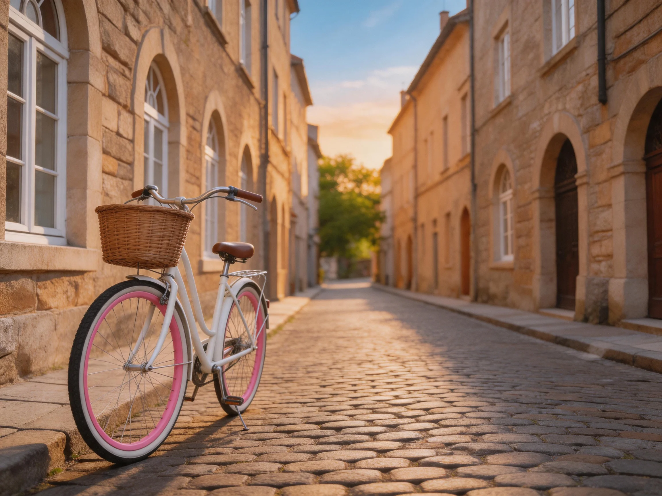 A white bicycle with pink rims rests on a cobblestone street between stone buildings.