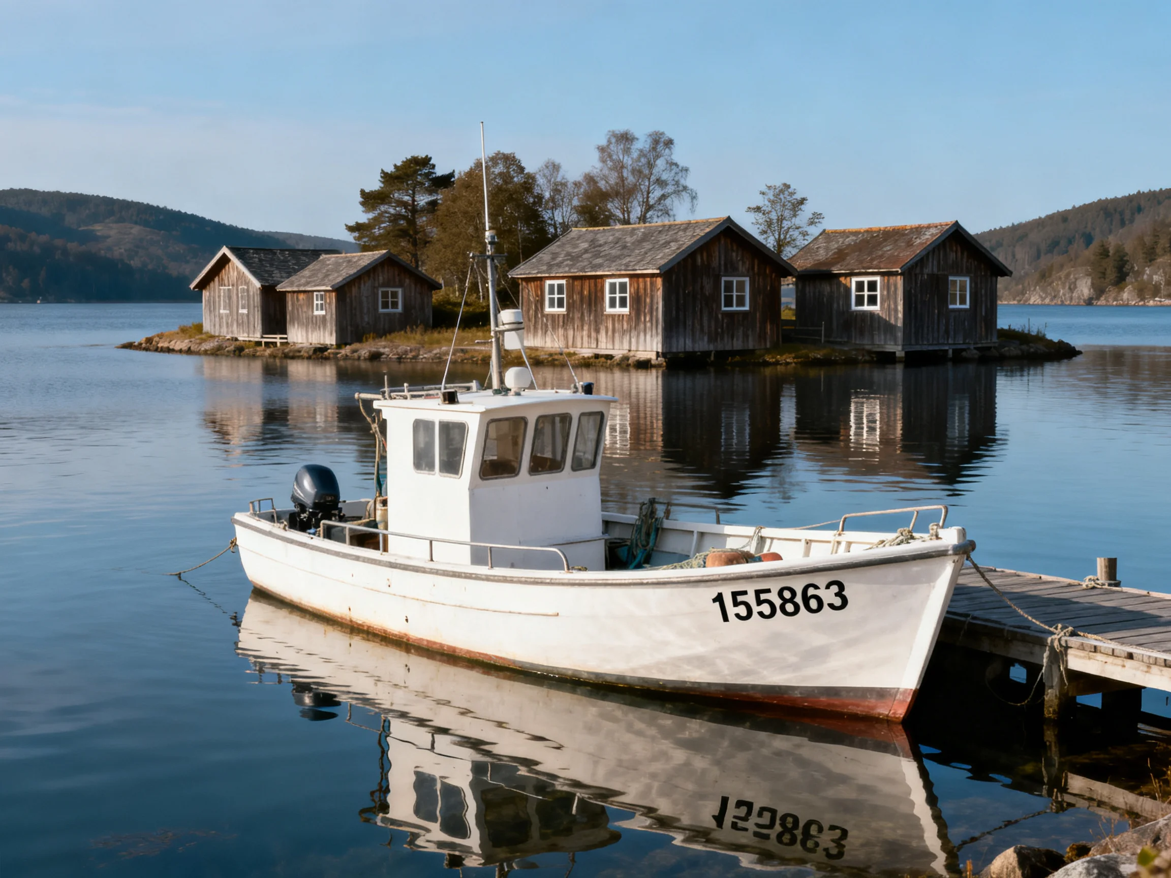 A white boat docked near rustic wooden cabins on calm water