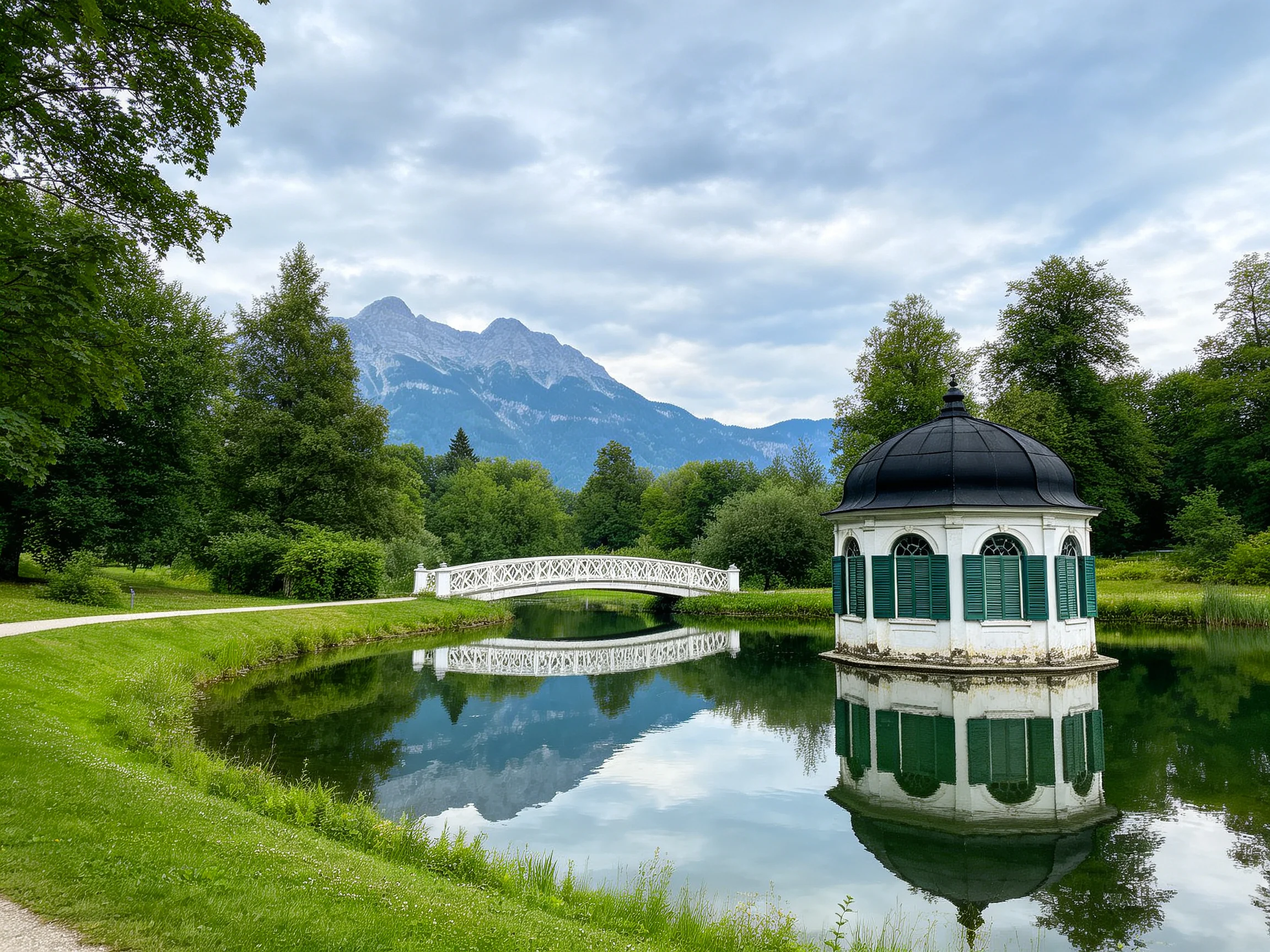 A white bridge spans a calm pond near a domed gazebo with green shutters