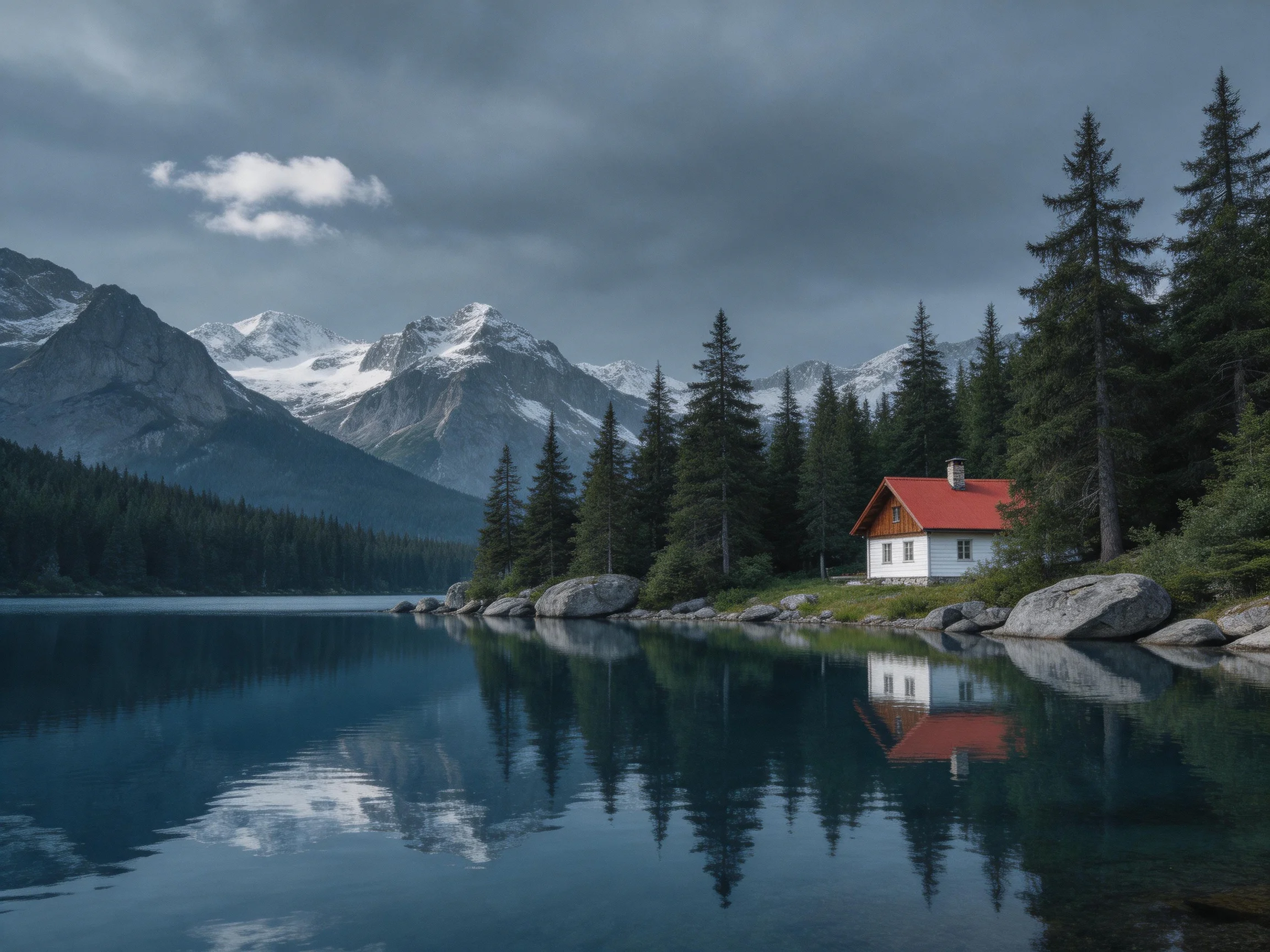 A white cabin with red roof beside a tranquil blue lake