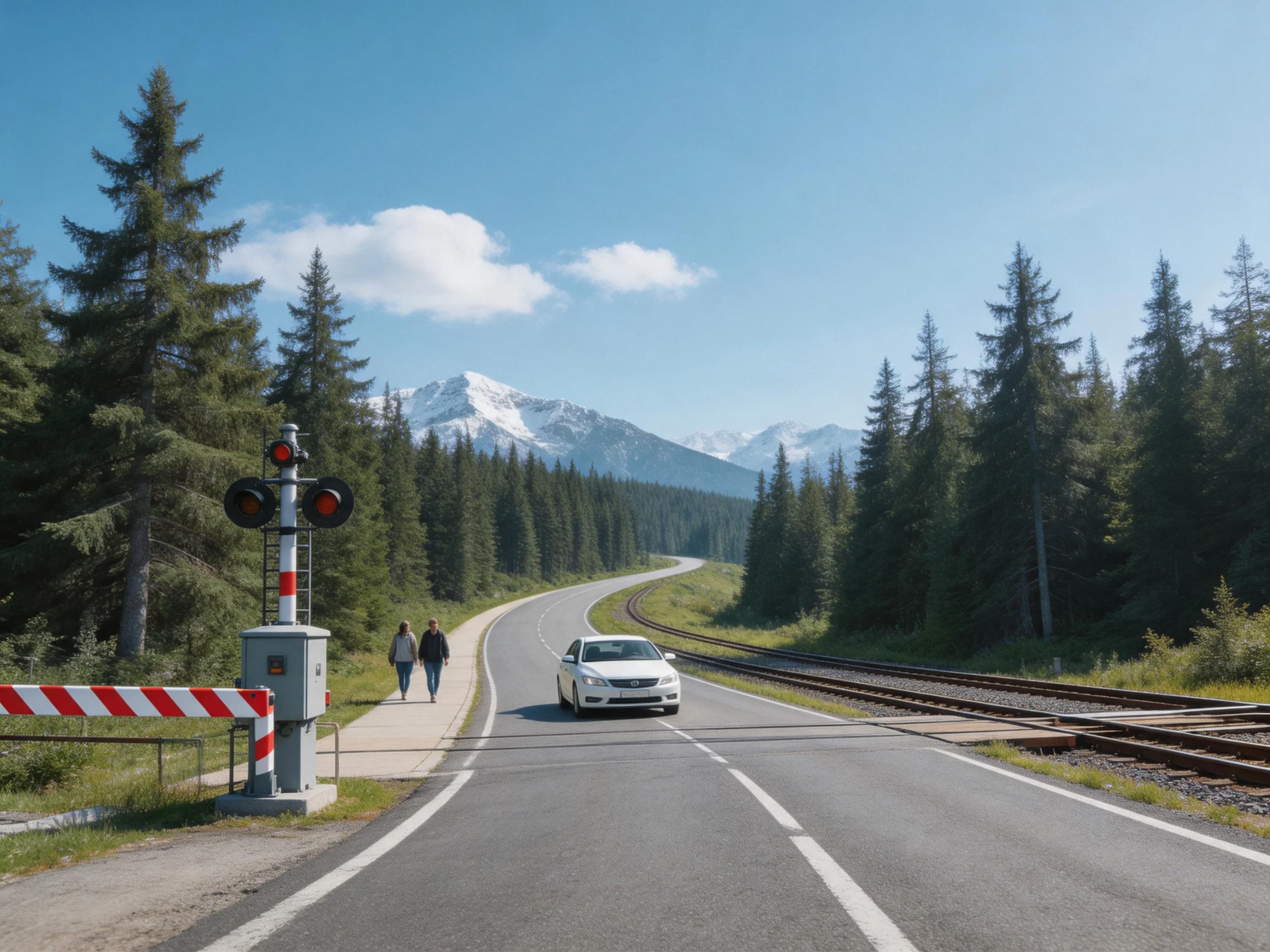 A white car waits at a forested railroad crossing with pedestrians