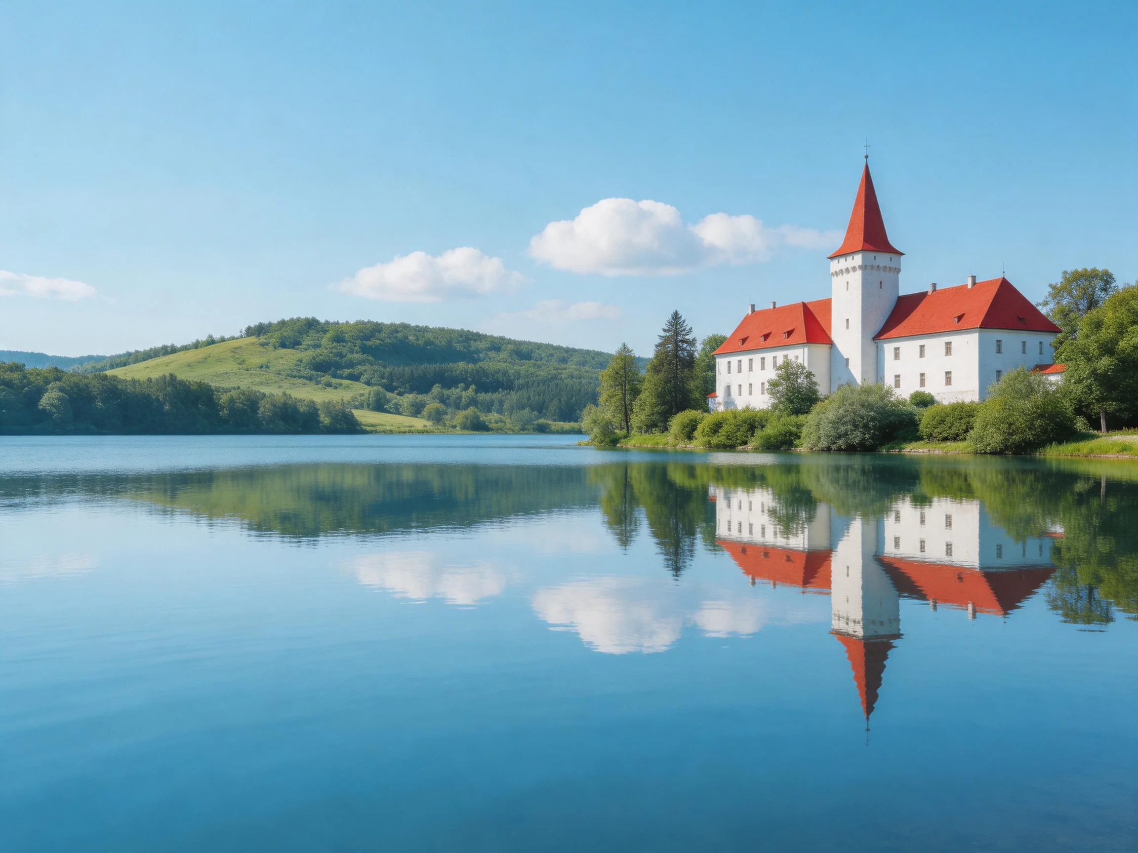 A white castle with red roofs reflects in a calm blue lake near green hills