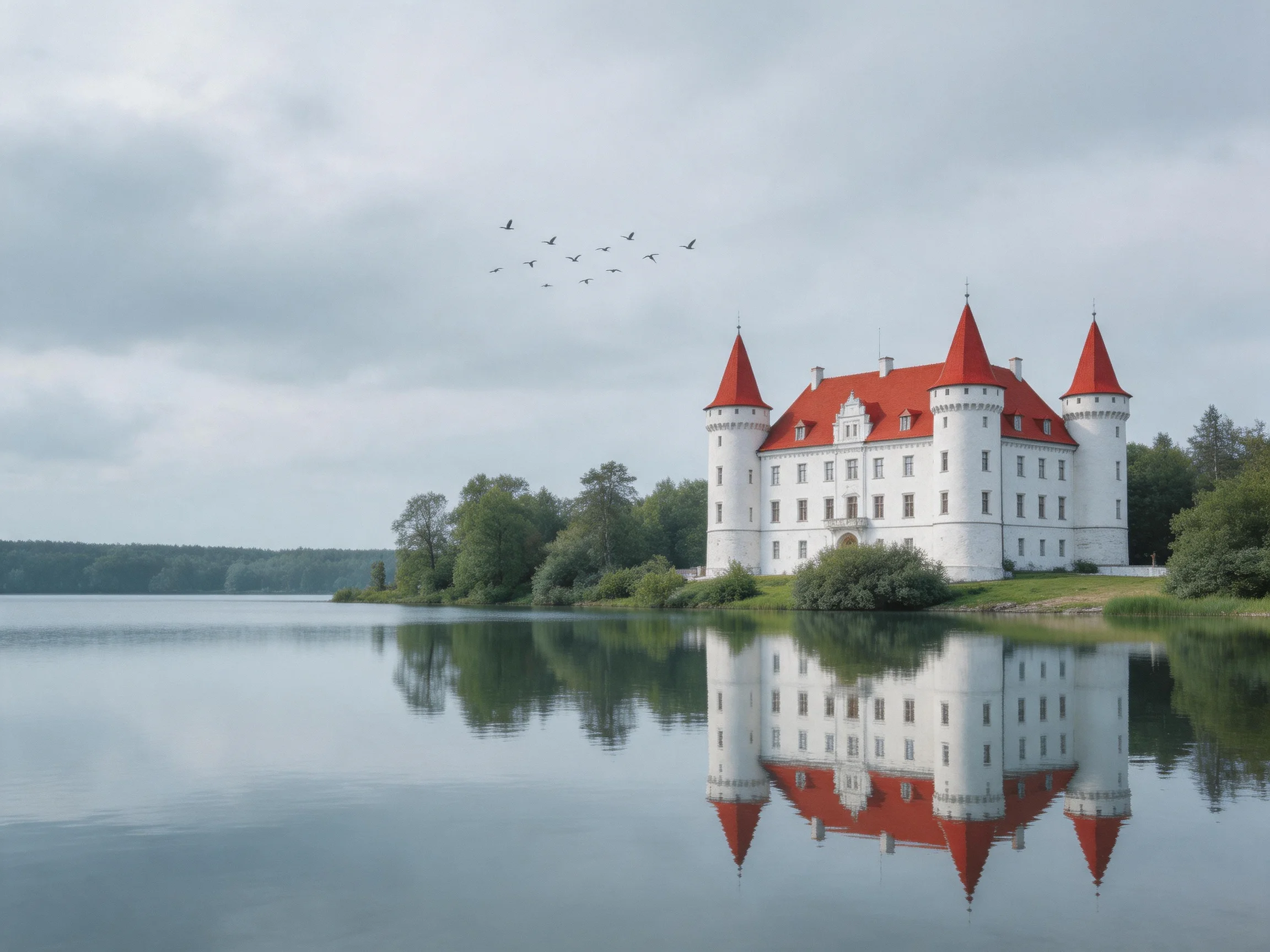 A white castle with red roofs reflects in a calm lake