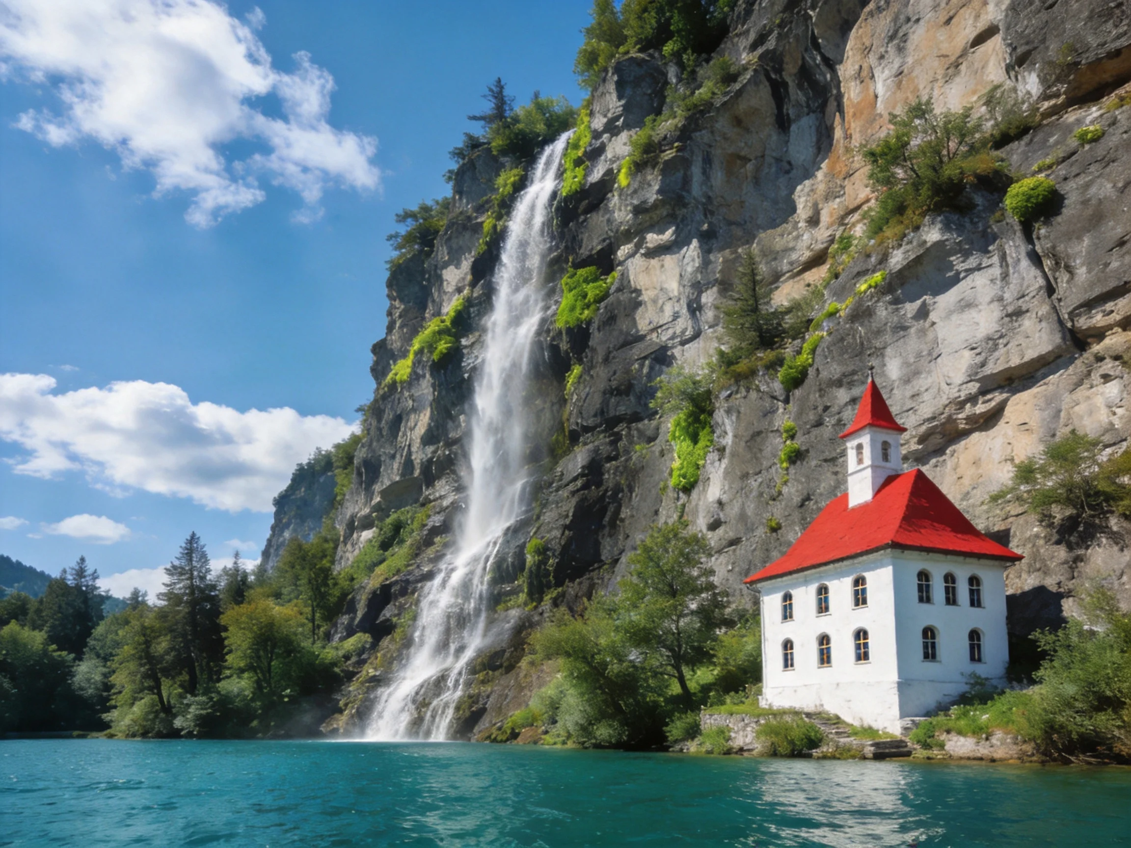 A white chapel with red roof near a towering waterfall by turquoise waters