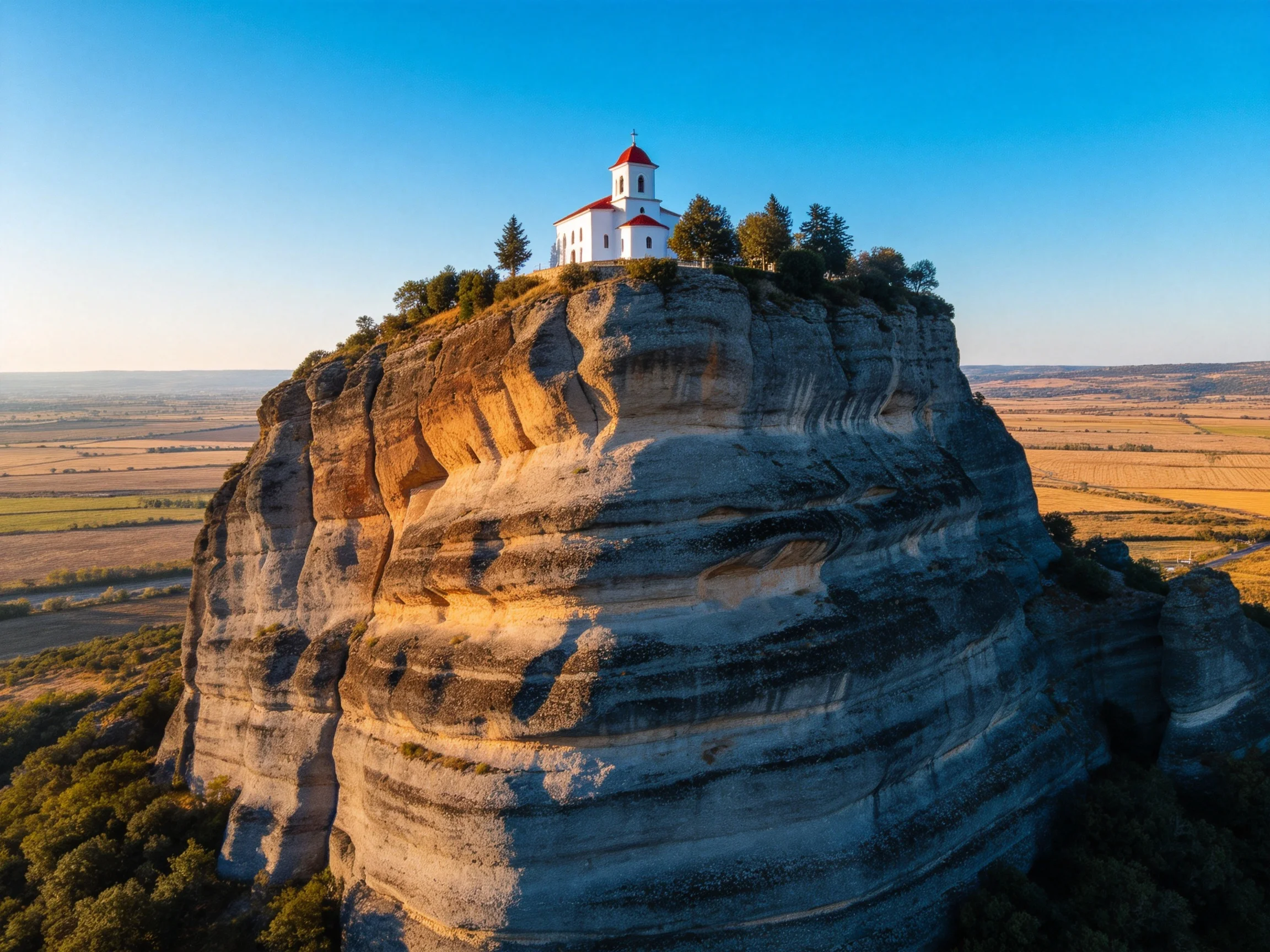 A white church atop a massive layered cliff with golden fields
