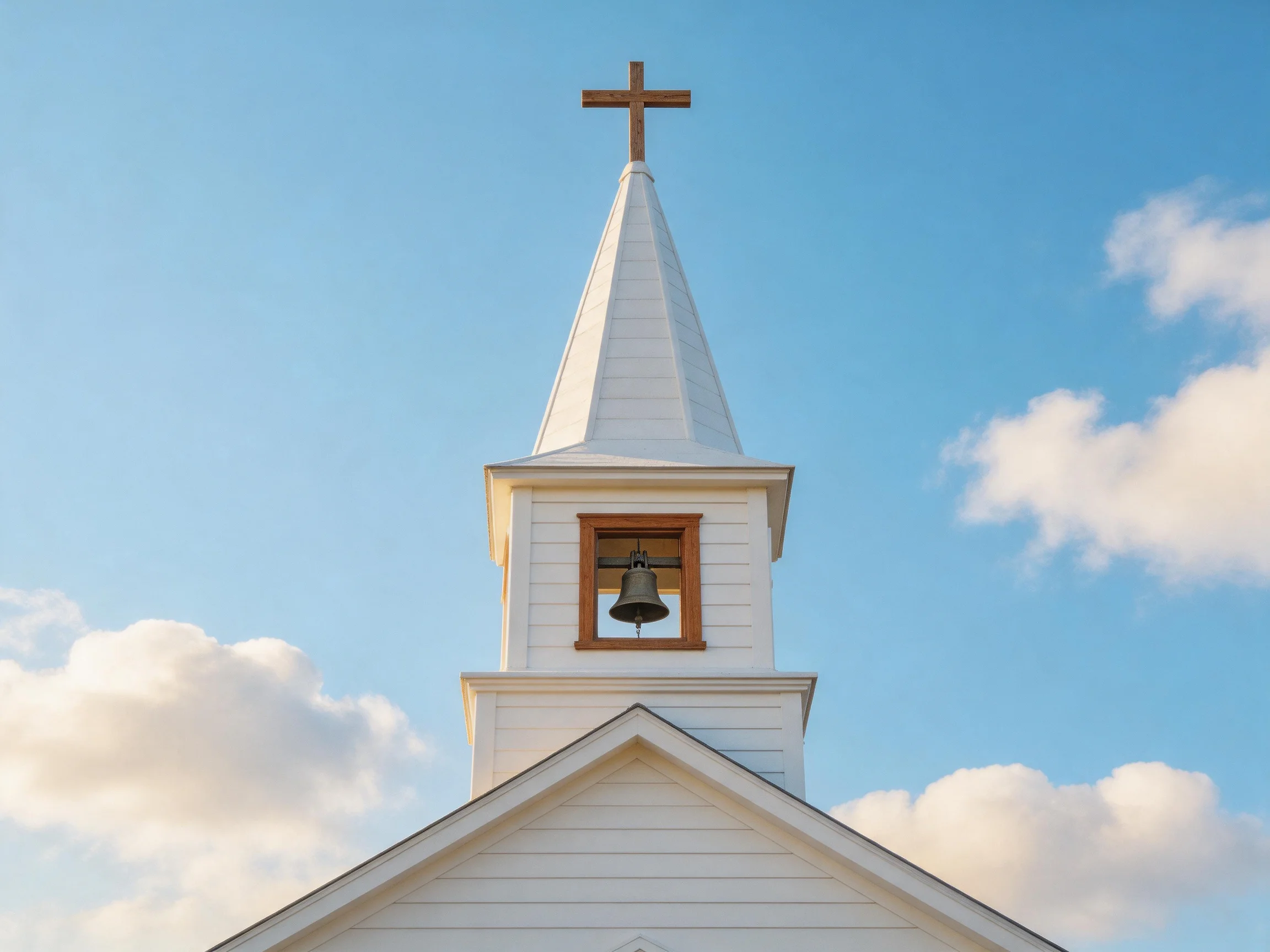 A white church steeple with a wooden cross and bell under a clear blue sky