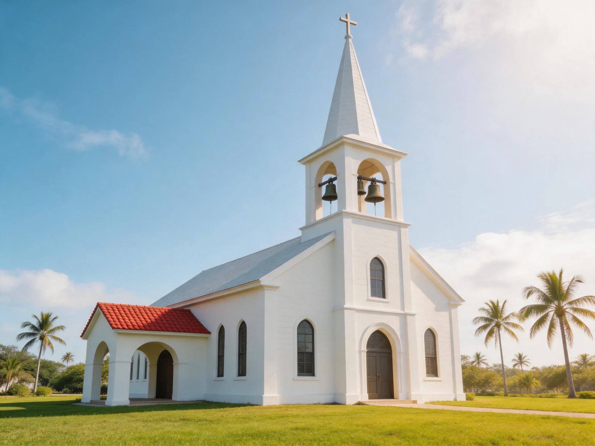 A white church with a tall steeple near palm trees