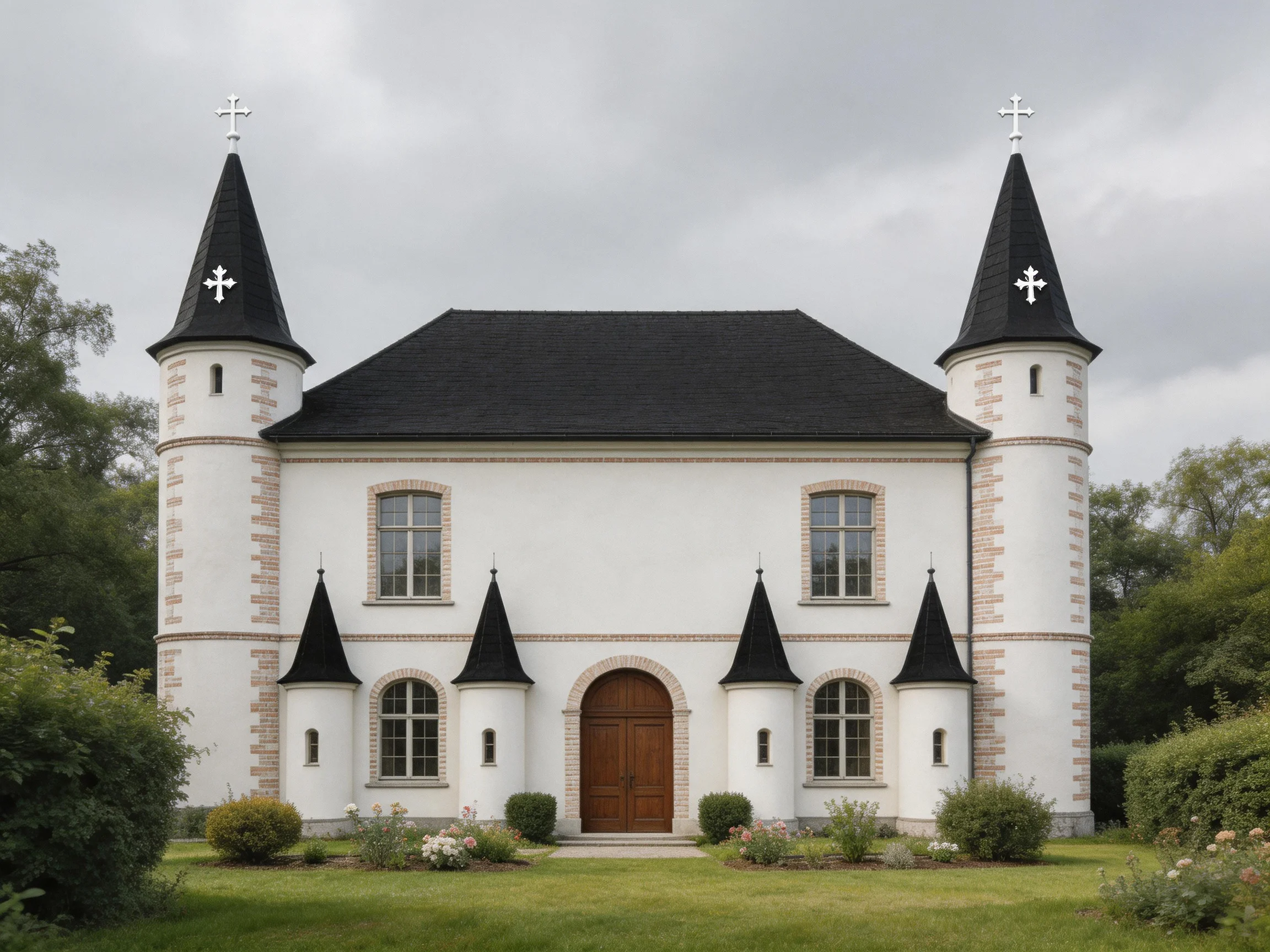 A white church with black towers and cross-topped spires