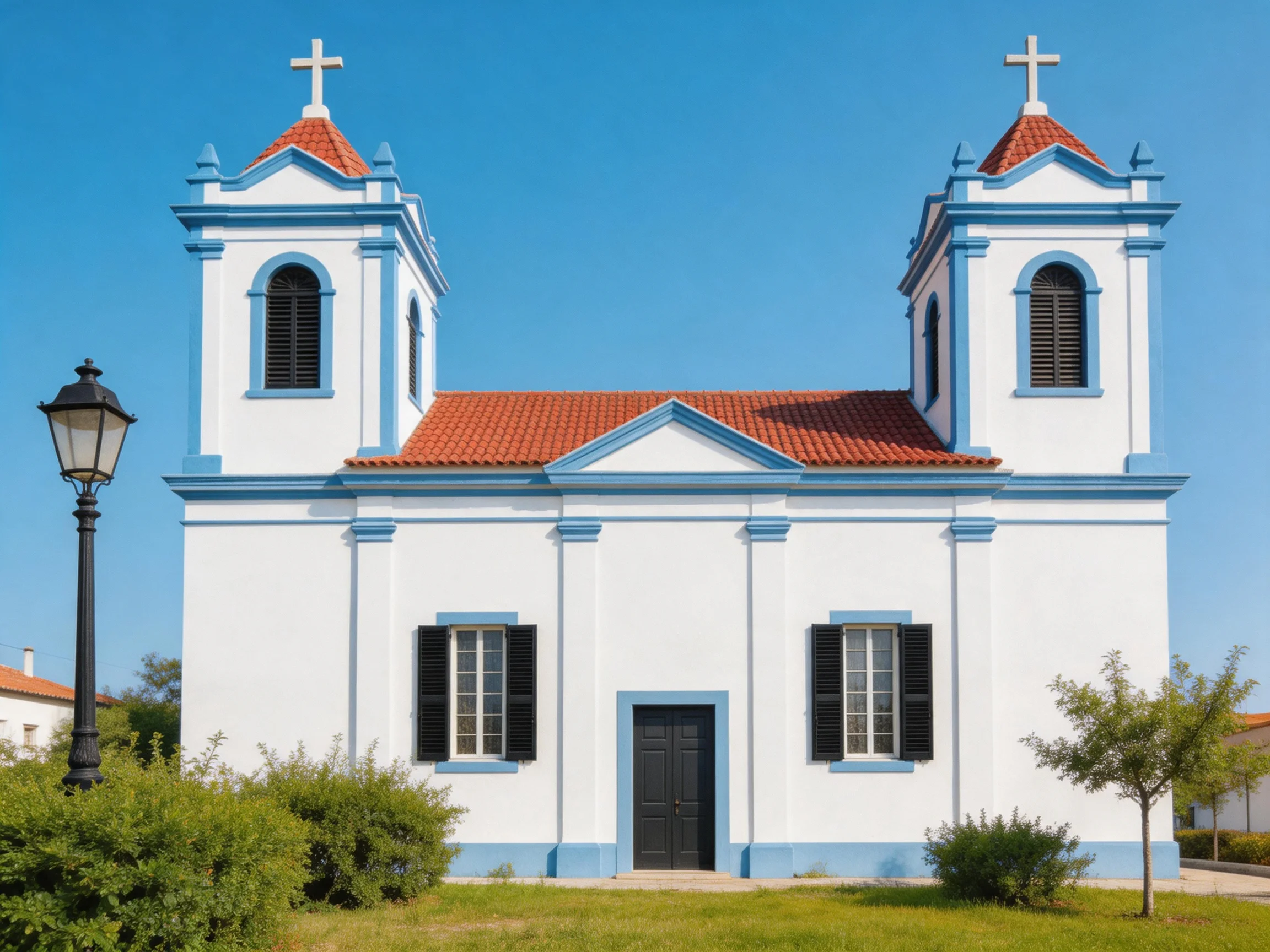 A white church with blue accents and red roofs