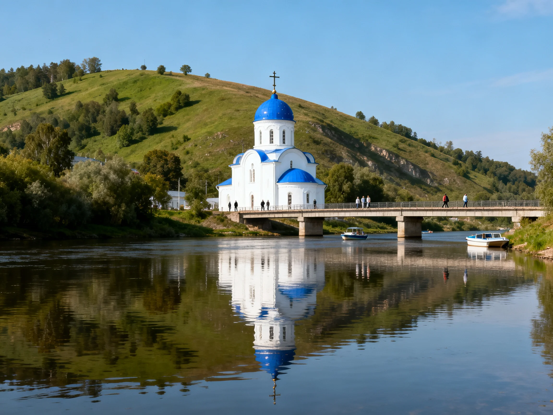 A white church with blue domes stands by a calm river near a bridge