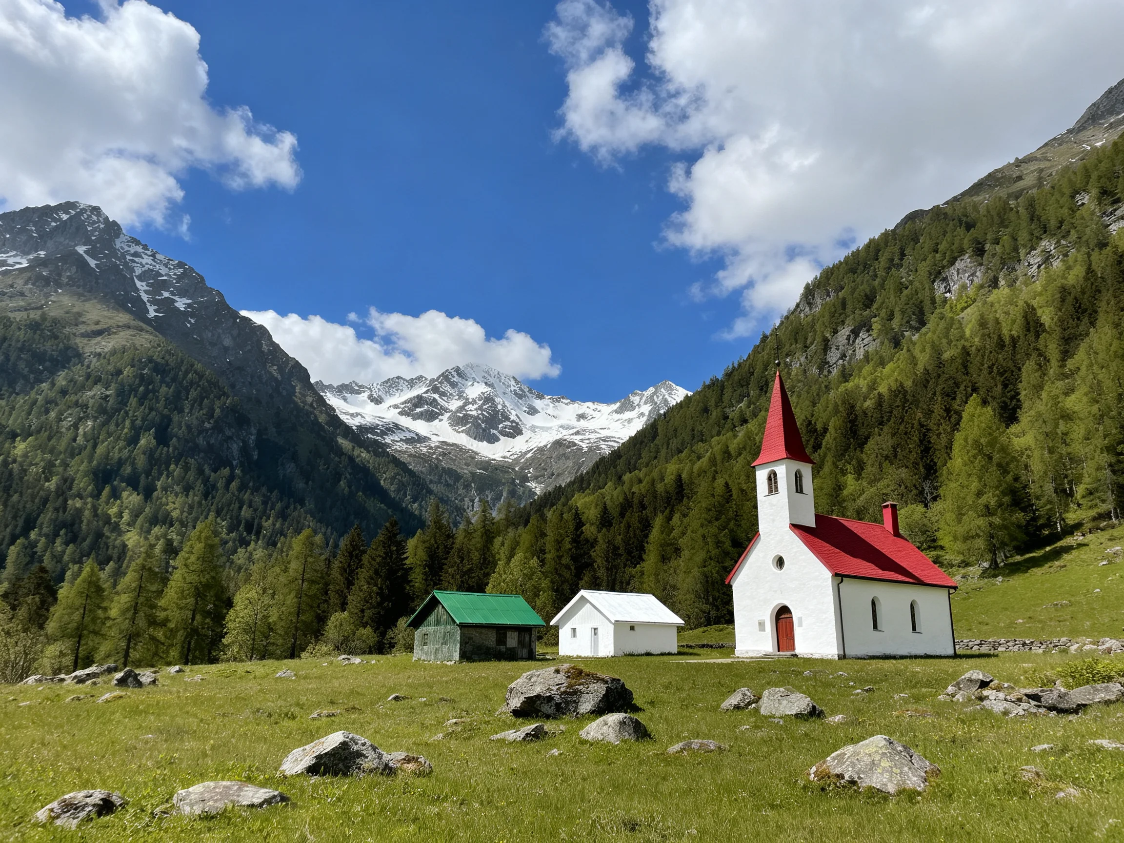A white church with red roof near green meadows and snow - capped mountains