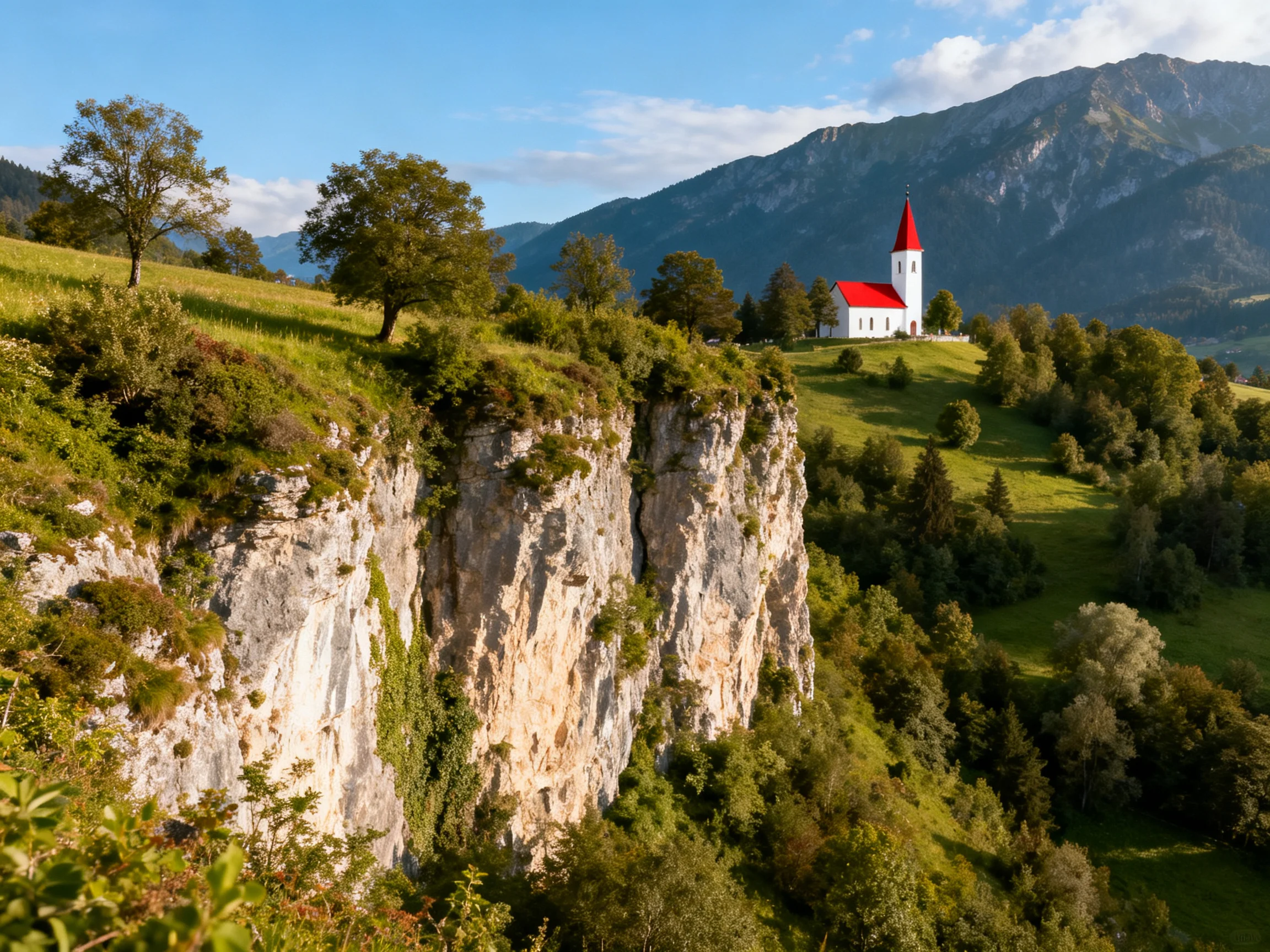 A white church with red roof on a cliffside meadow near rocky cliffs and mountains