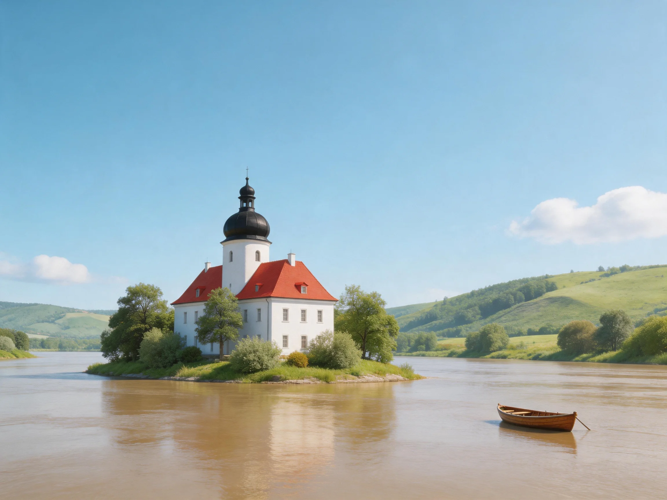 A white church with red roof on a small river island near a wooden boat