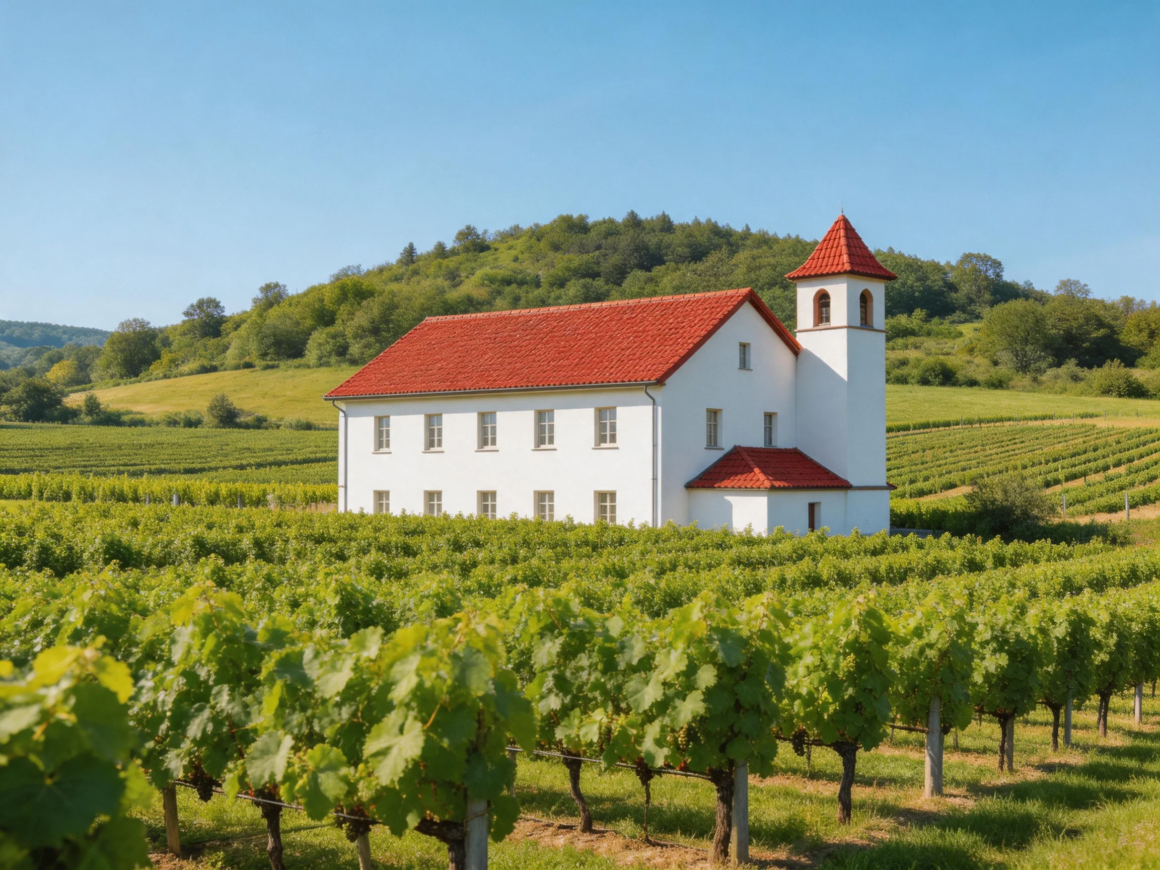 A white church with red roofs amid lush green vineyards