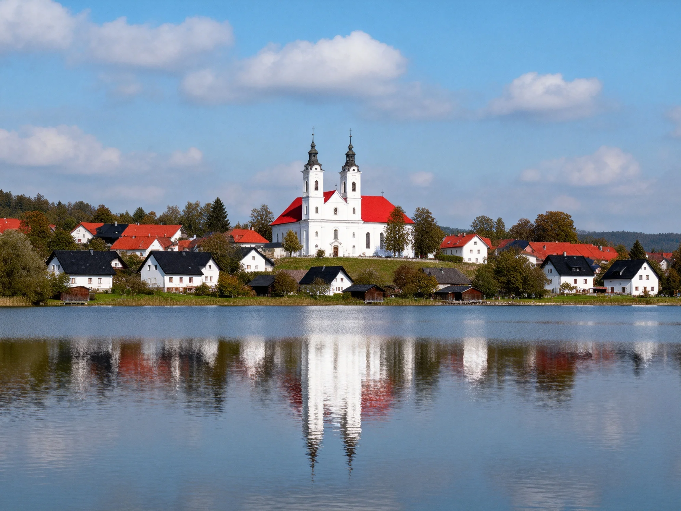 A white church with red roofs near a calm lakeside village