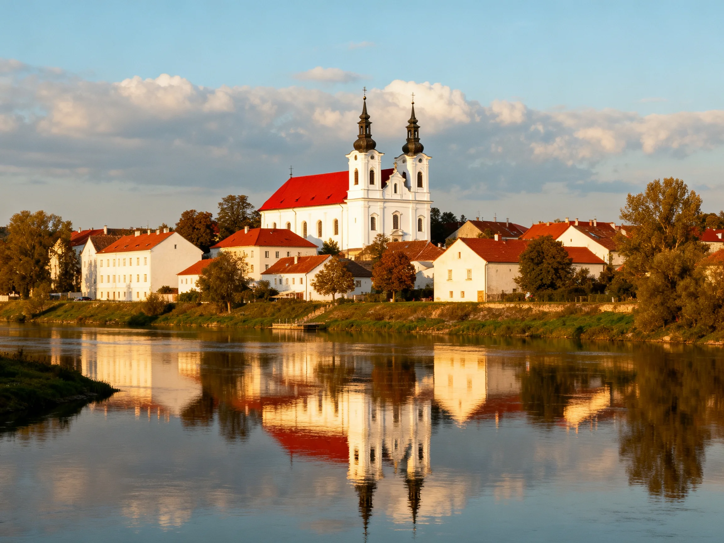 A white church with red roofs reflects over calm water near town