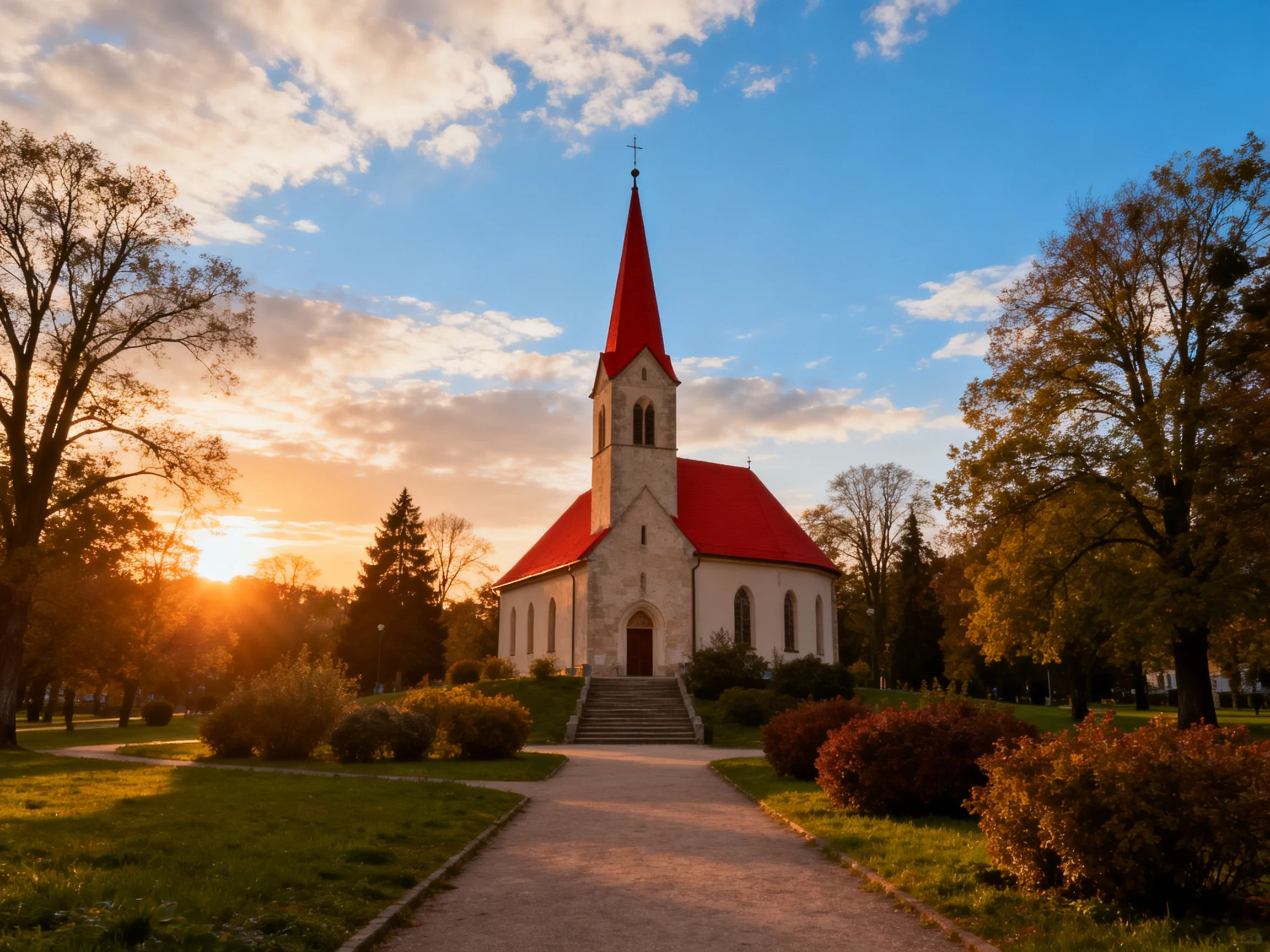 A white church with red roofs stands amid autumn trees at sunset