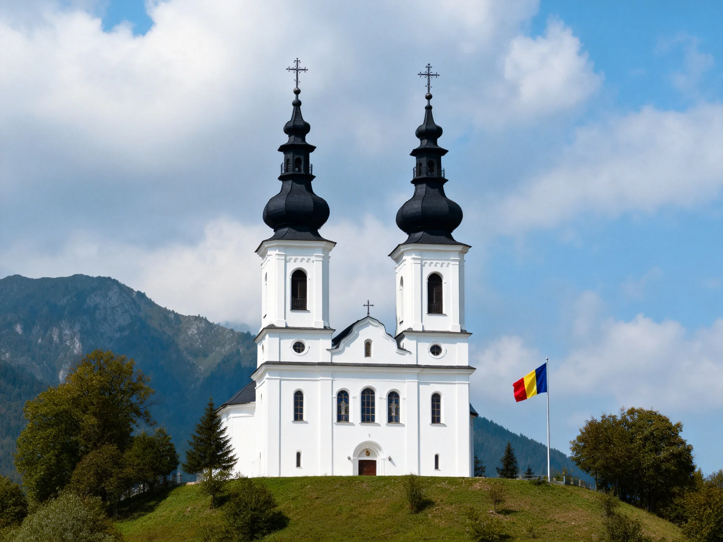 A white church with two black tower spires on a grassy hill near mountains
