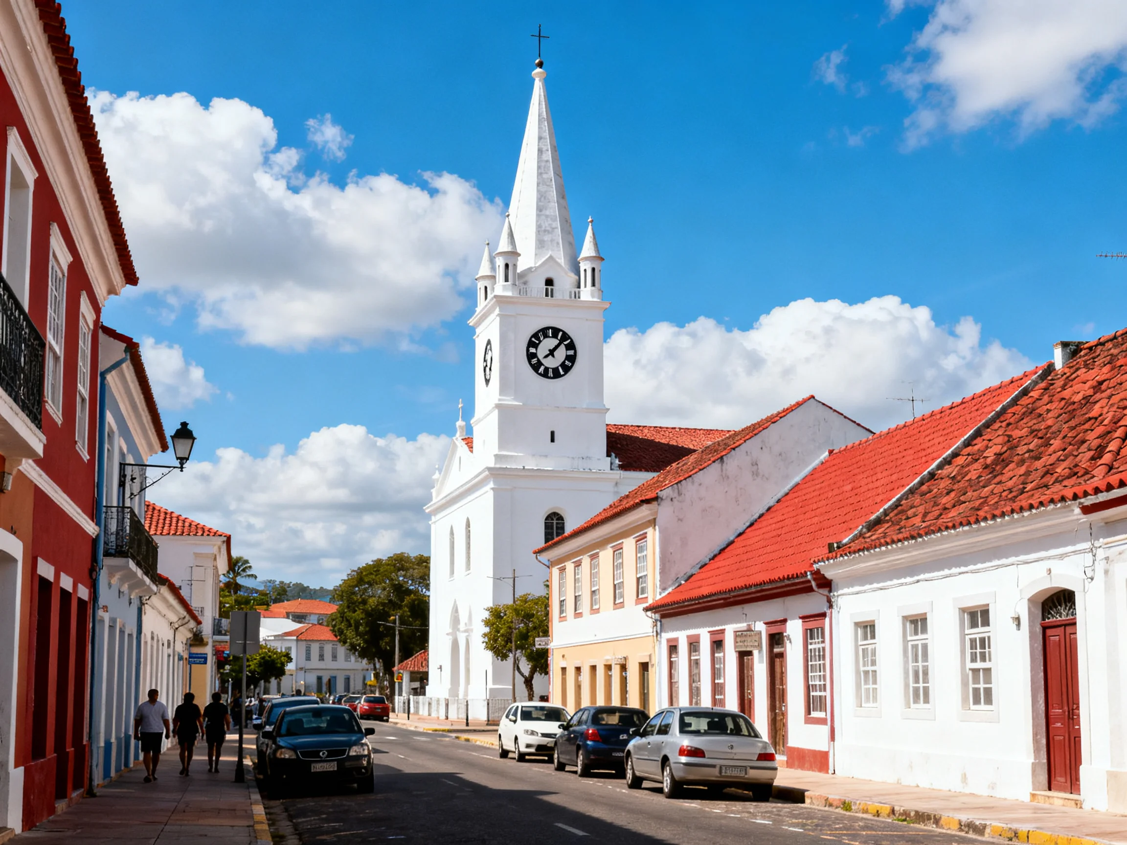 A white clock tower church amidst vibrant colonial buildings on a sunny day