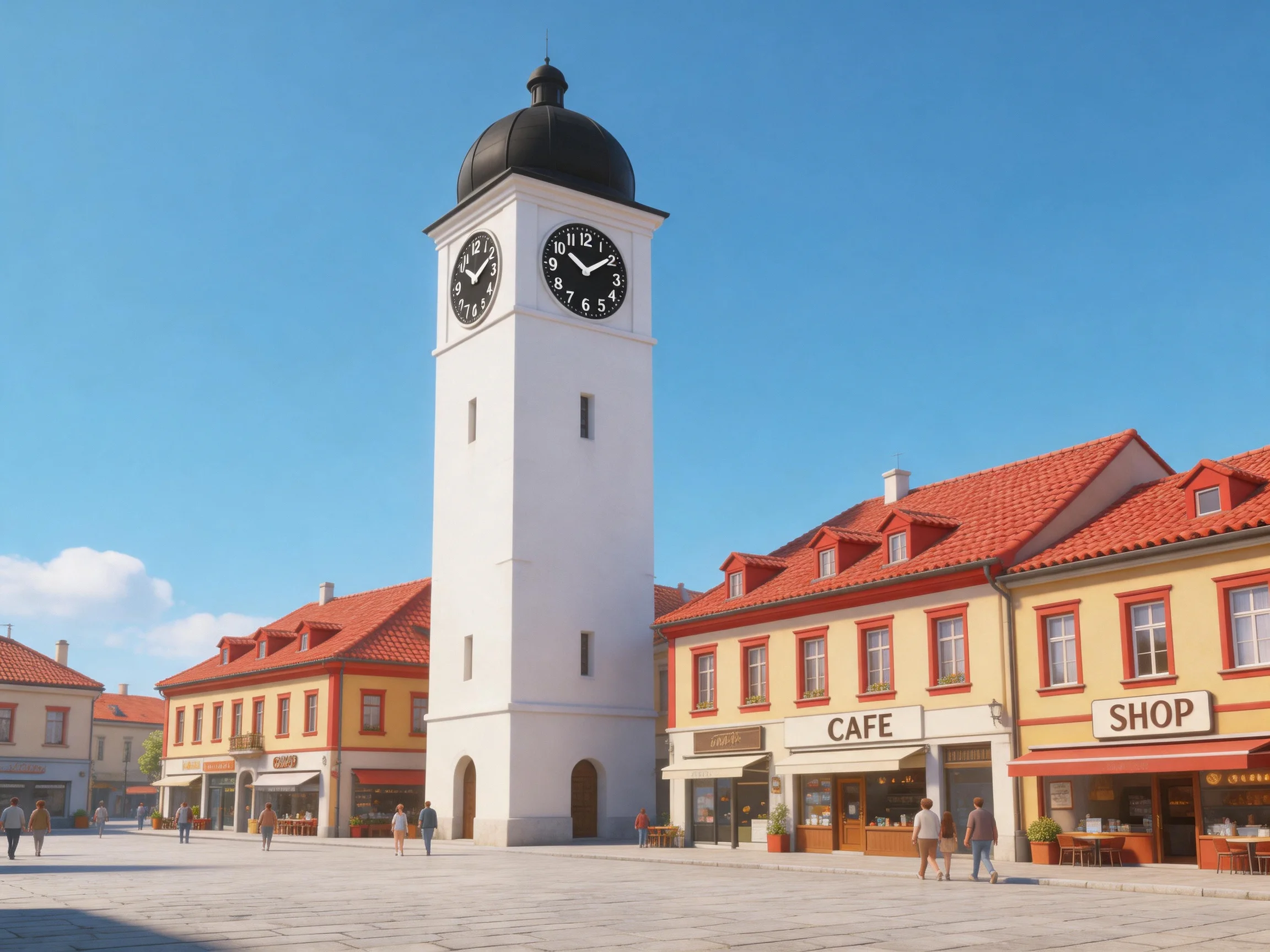 A white clock tower stands in a sunny town square with red-roofed buildings