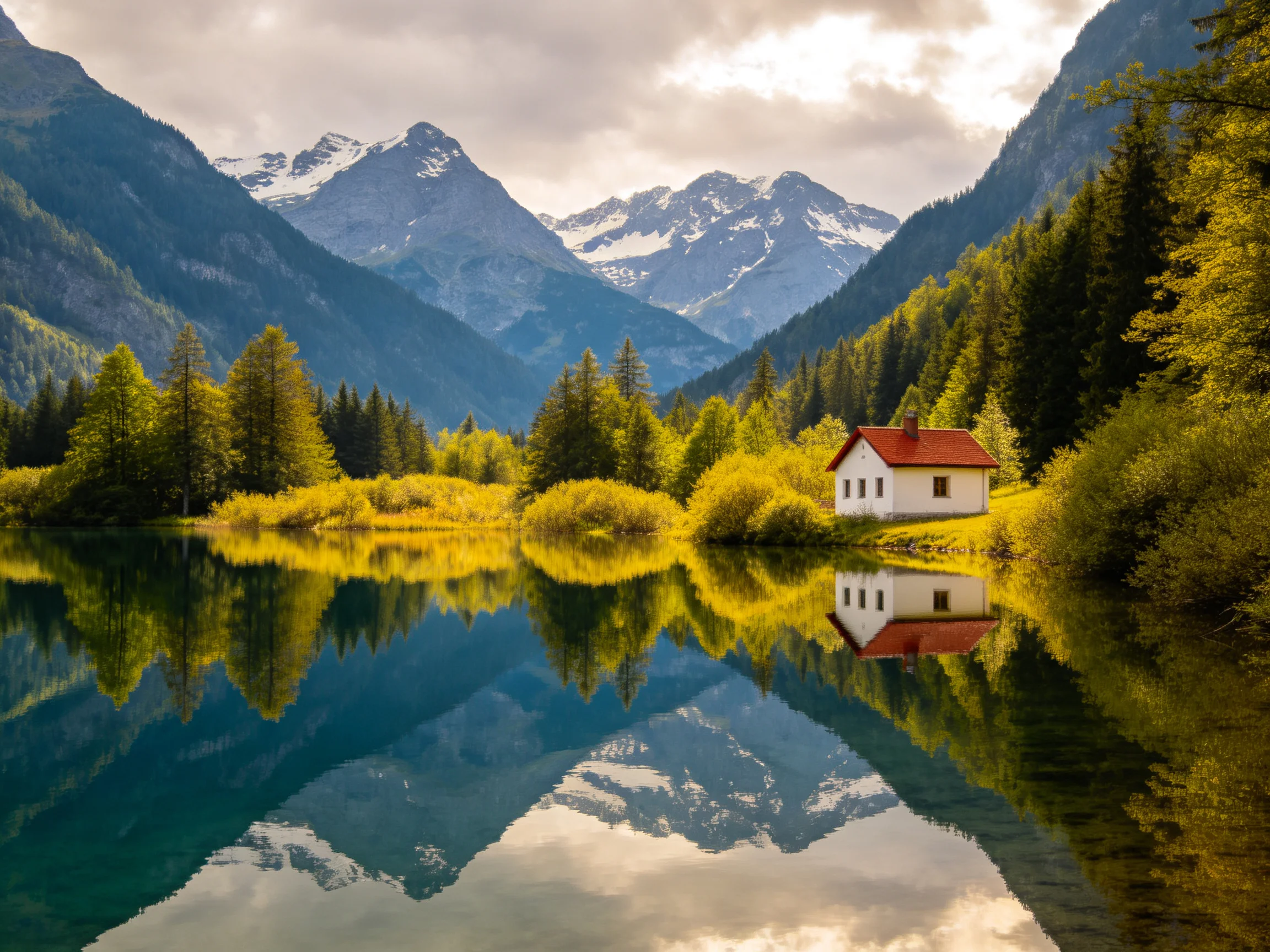 A white cottage with red roof beside a calm mountain lake