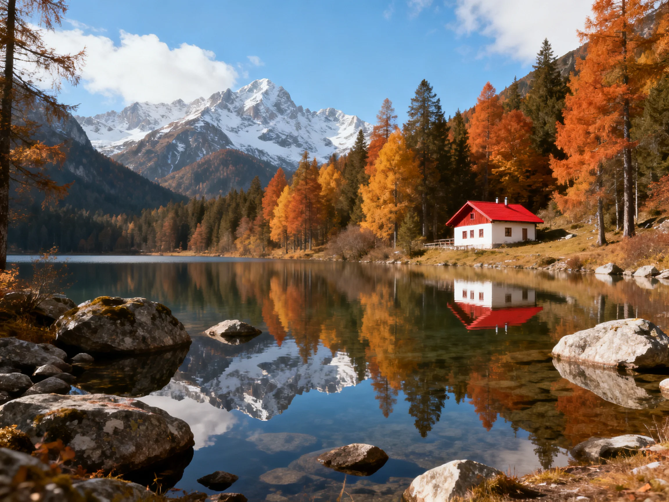 A white cottage with red roof by an autumn lake near snow - capped mountains