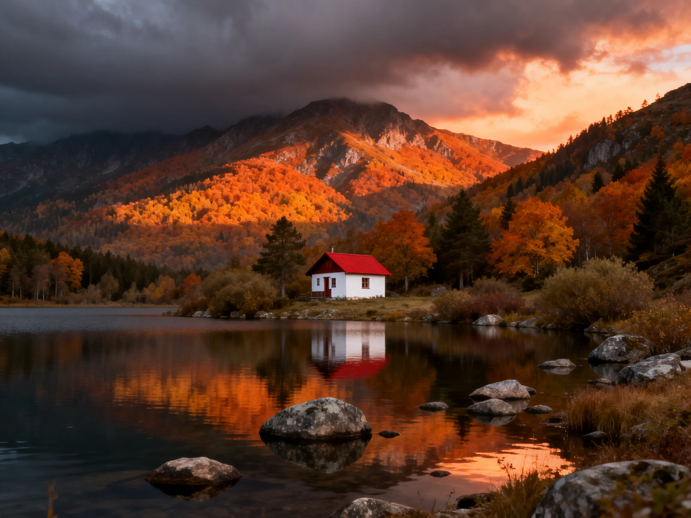 A white cottage with red roof near autumn mountains reflecting in a calm lake