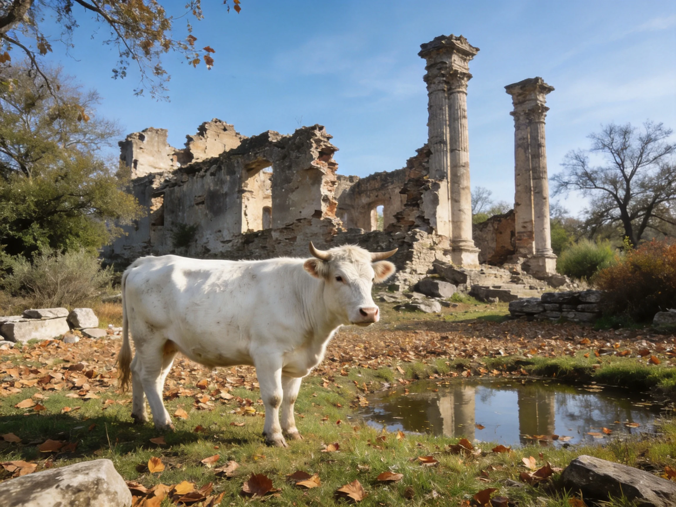 A white cow near ancient stone ruins with tall columns