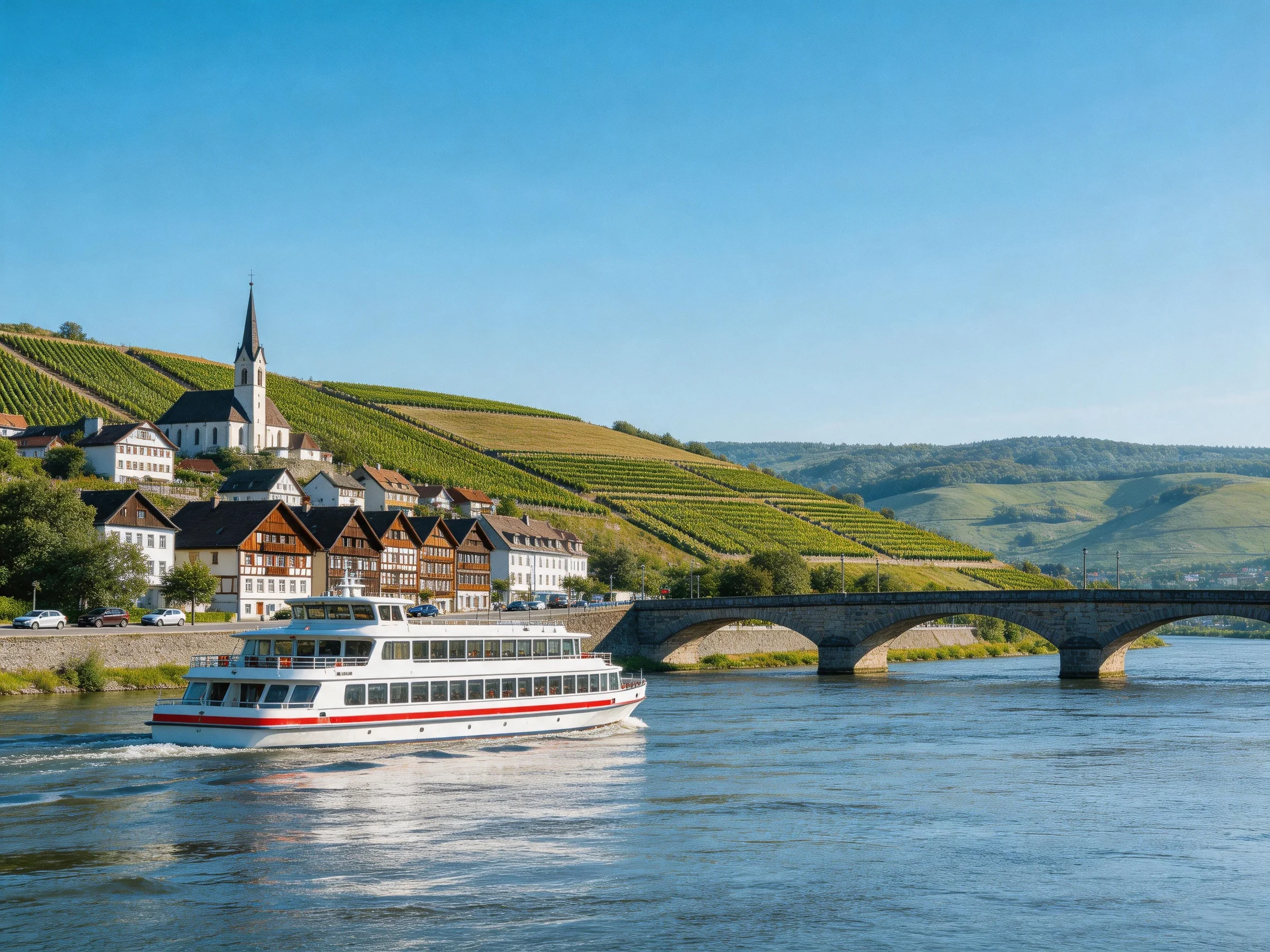 A white cruise ship sails past a hillside village with vineyards