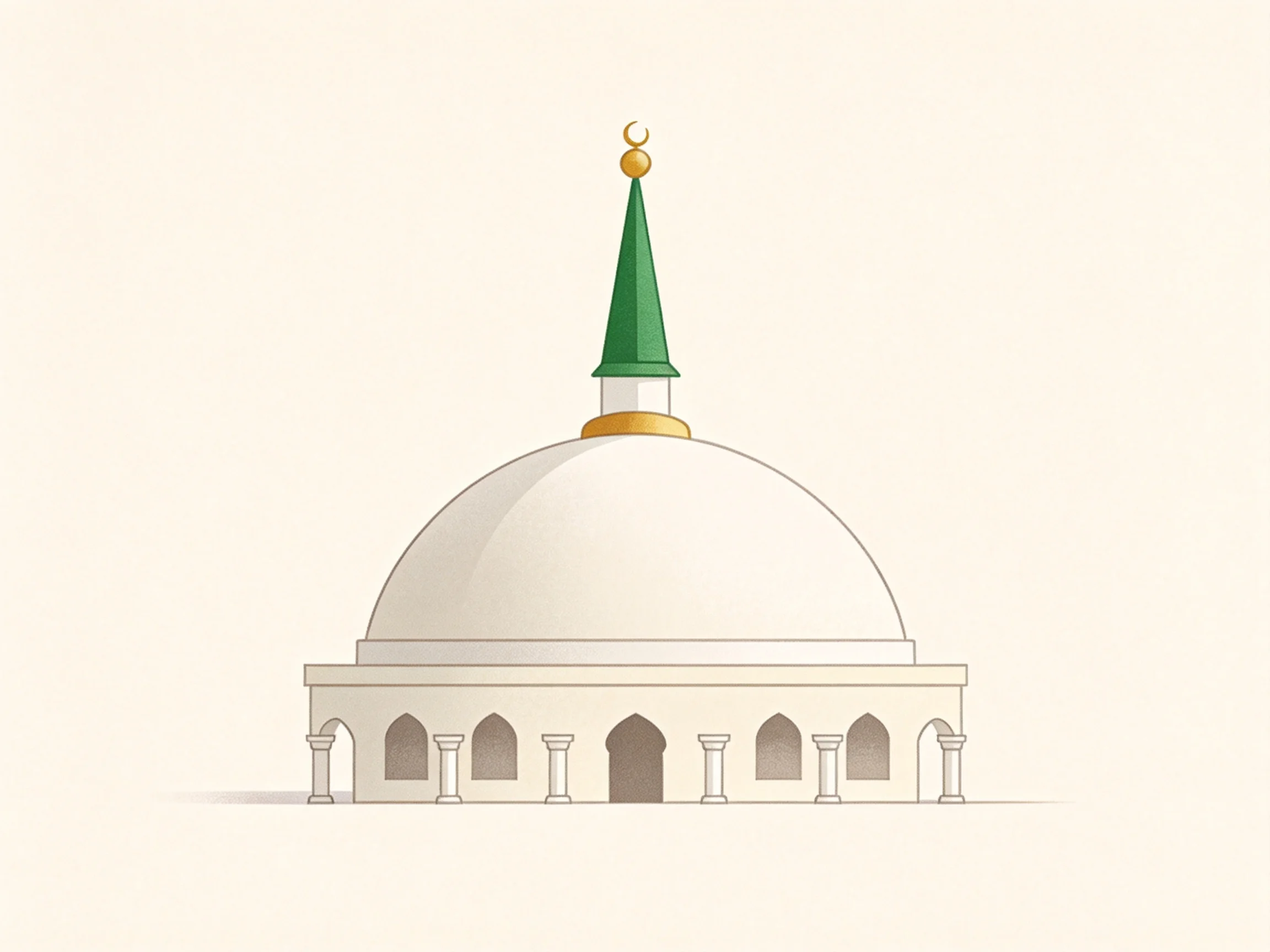 A white domed mosque with green spire and arched entrances