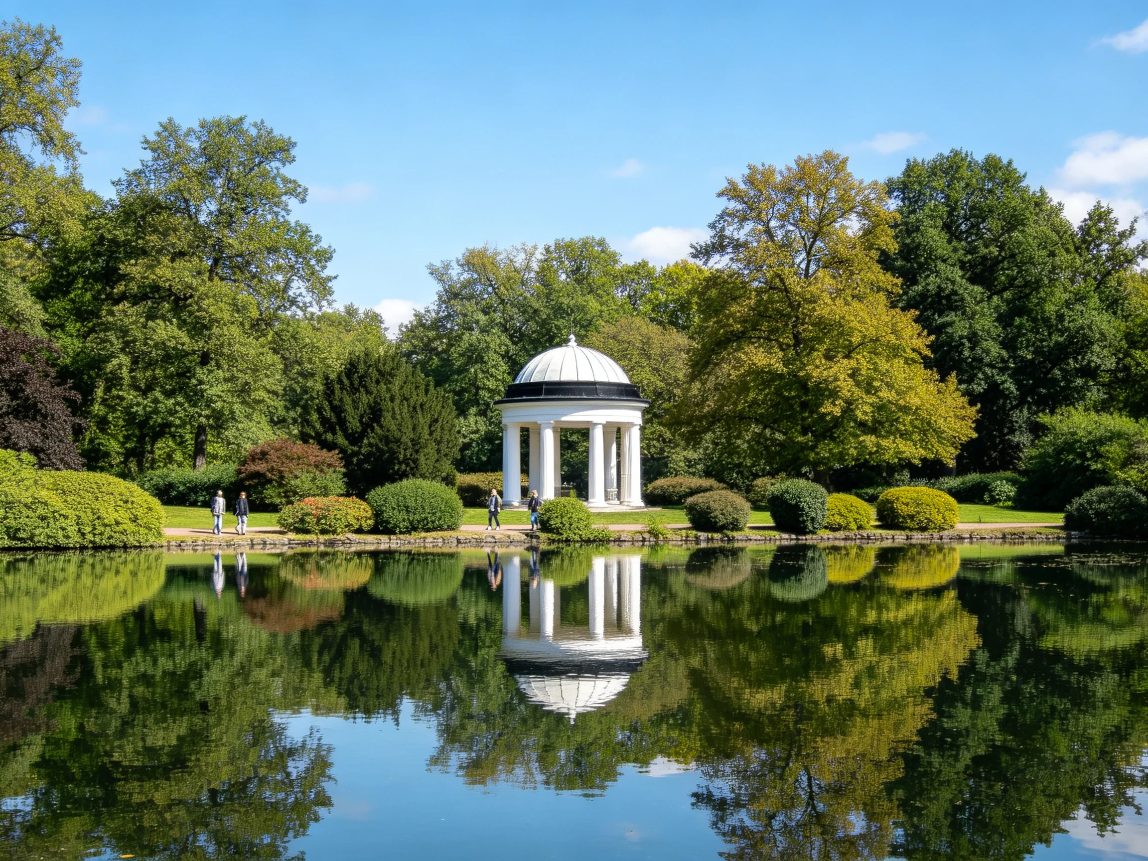 A white gazebo reflected in a calm pond amid lush greenery