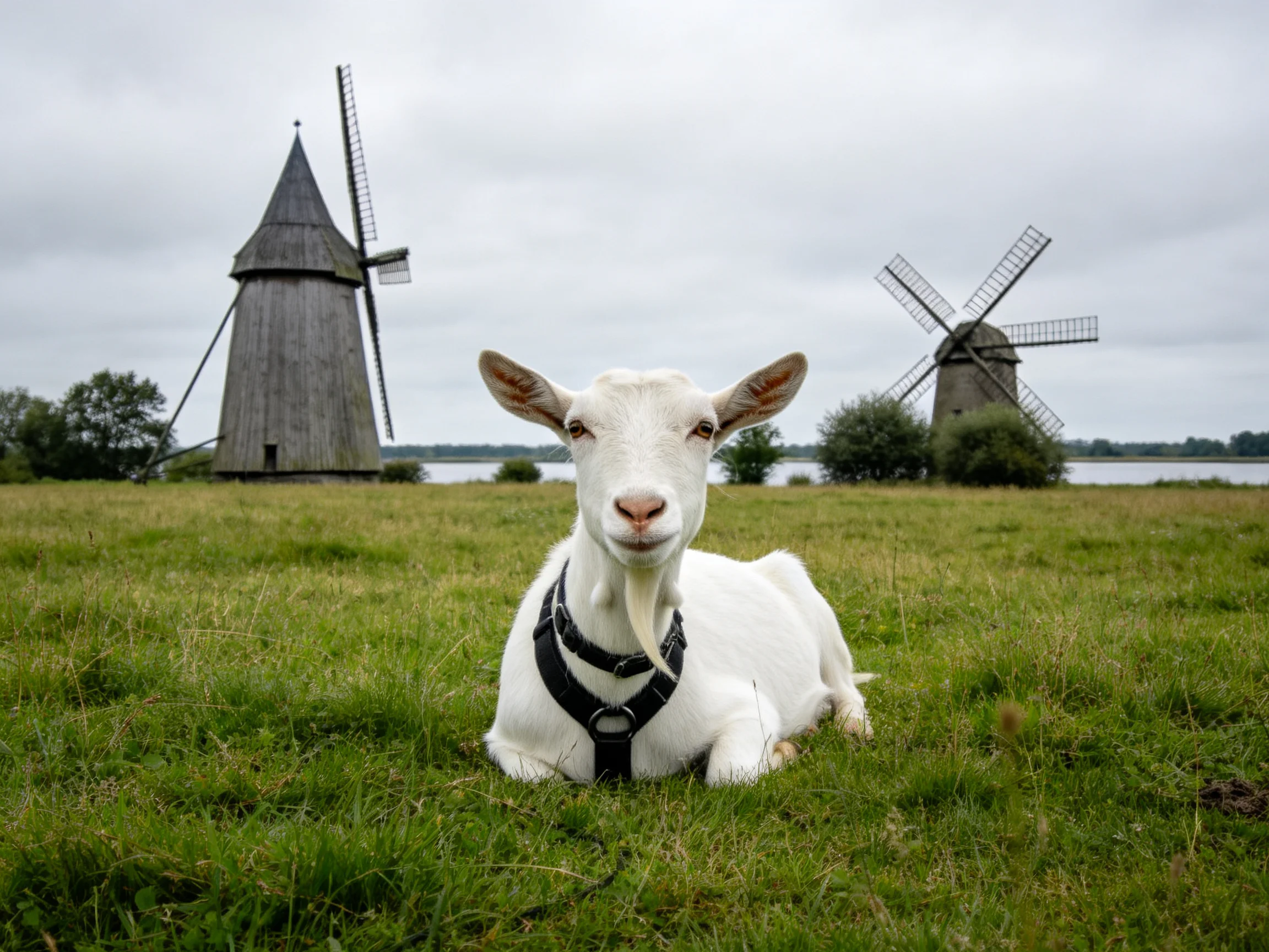 A white goat rests near two historic windmills in a lush green field