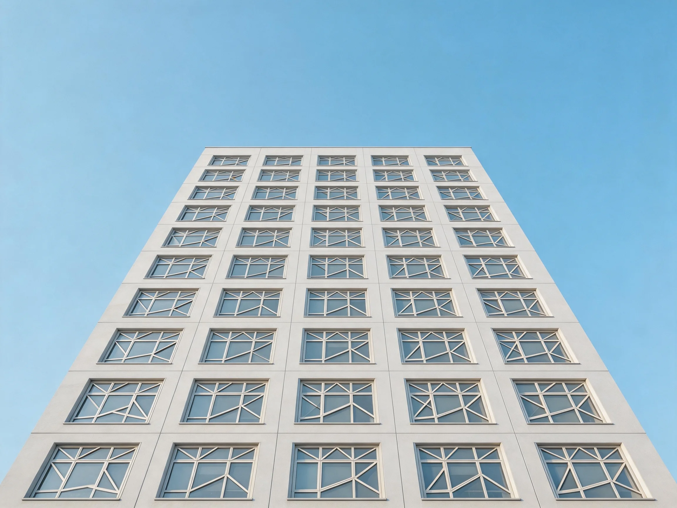 A white high-rise building with geometric windows under a clear blue sky