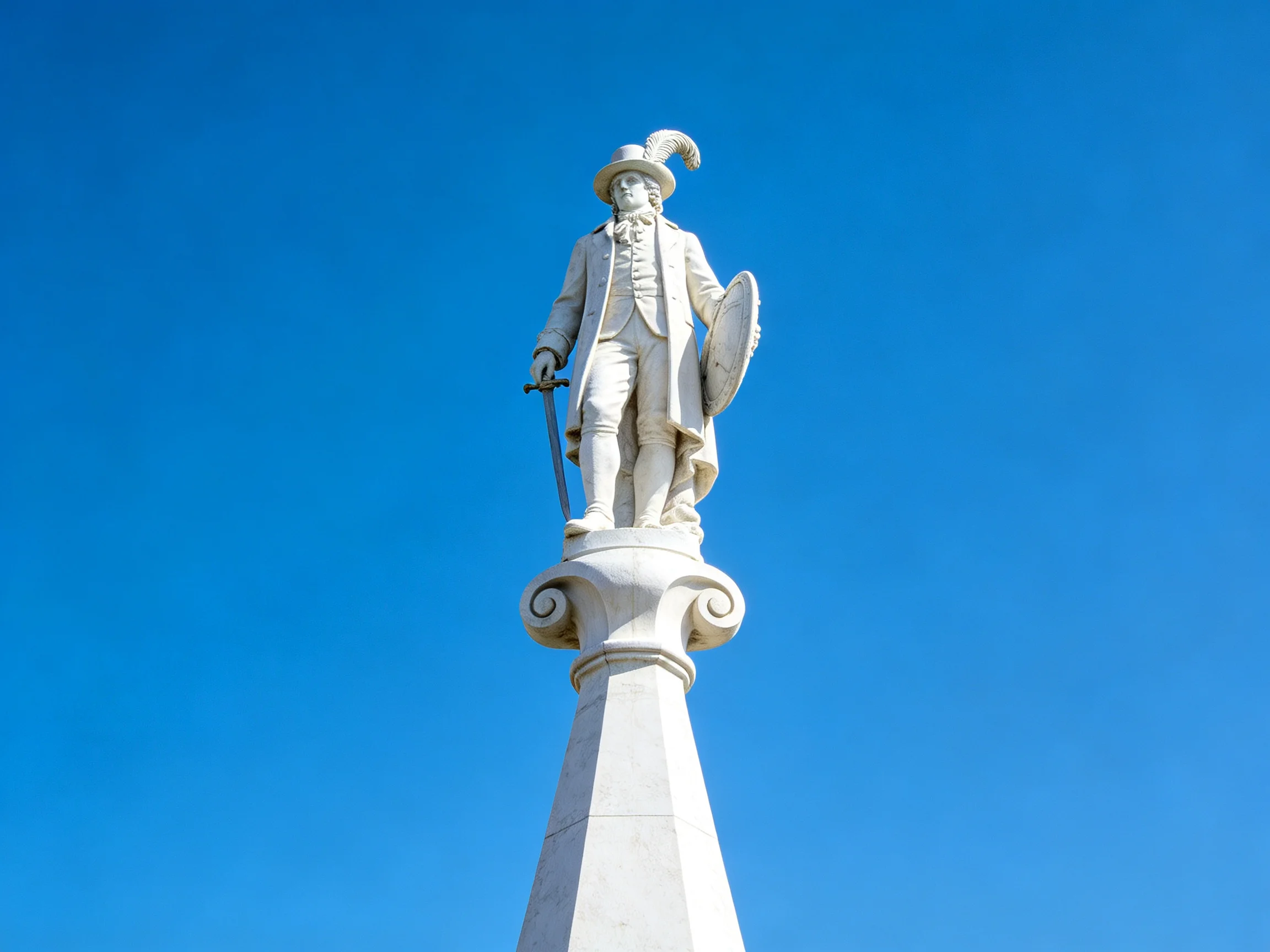 A white historical statue atop a tall monument under clear blue sky