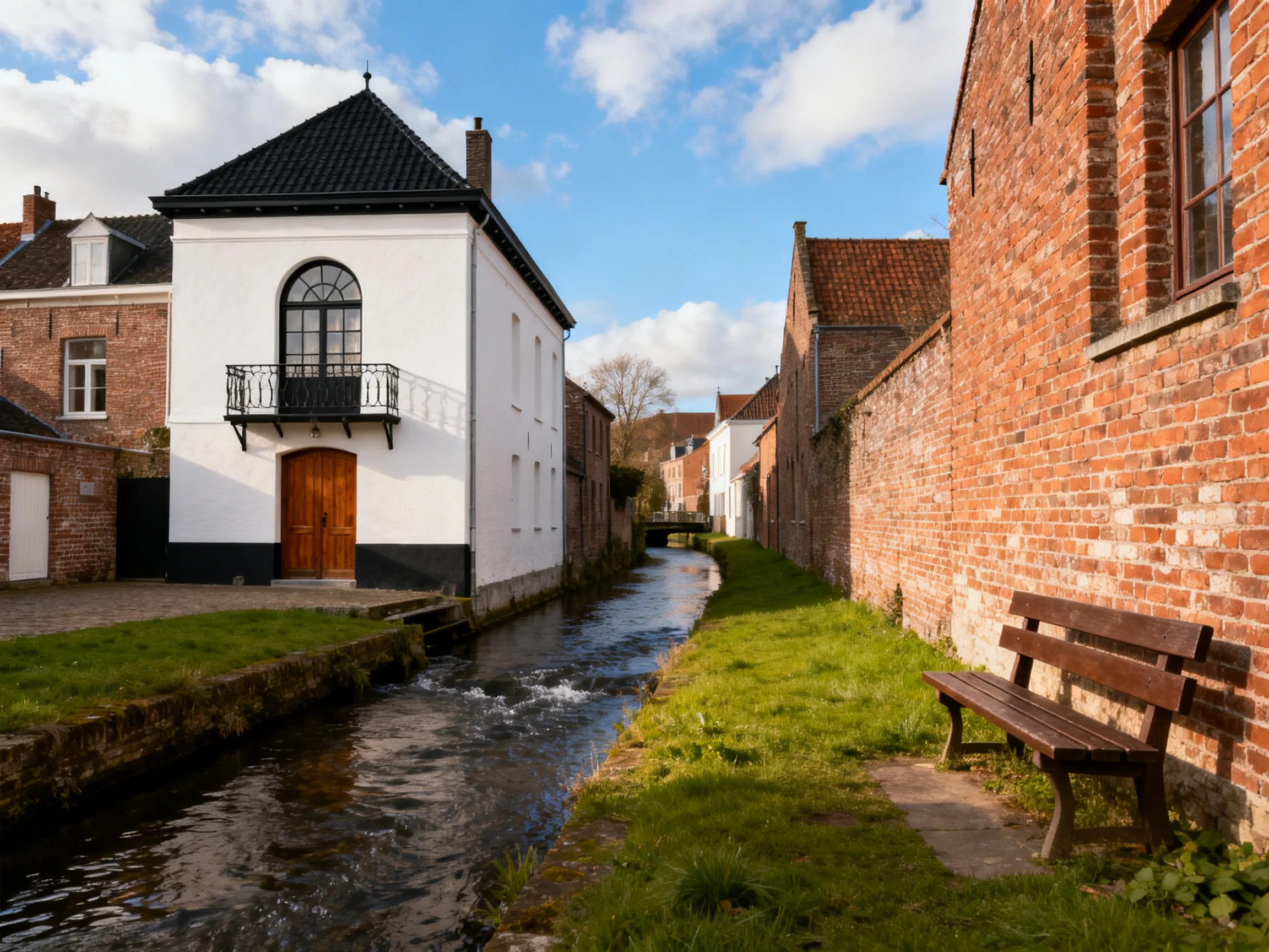 A white house beside a narrow canal with brick buildings