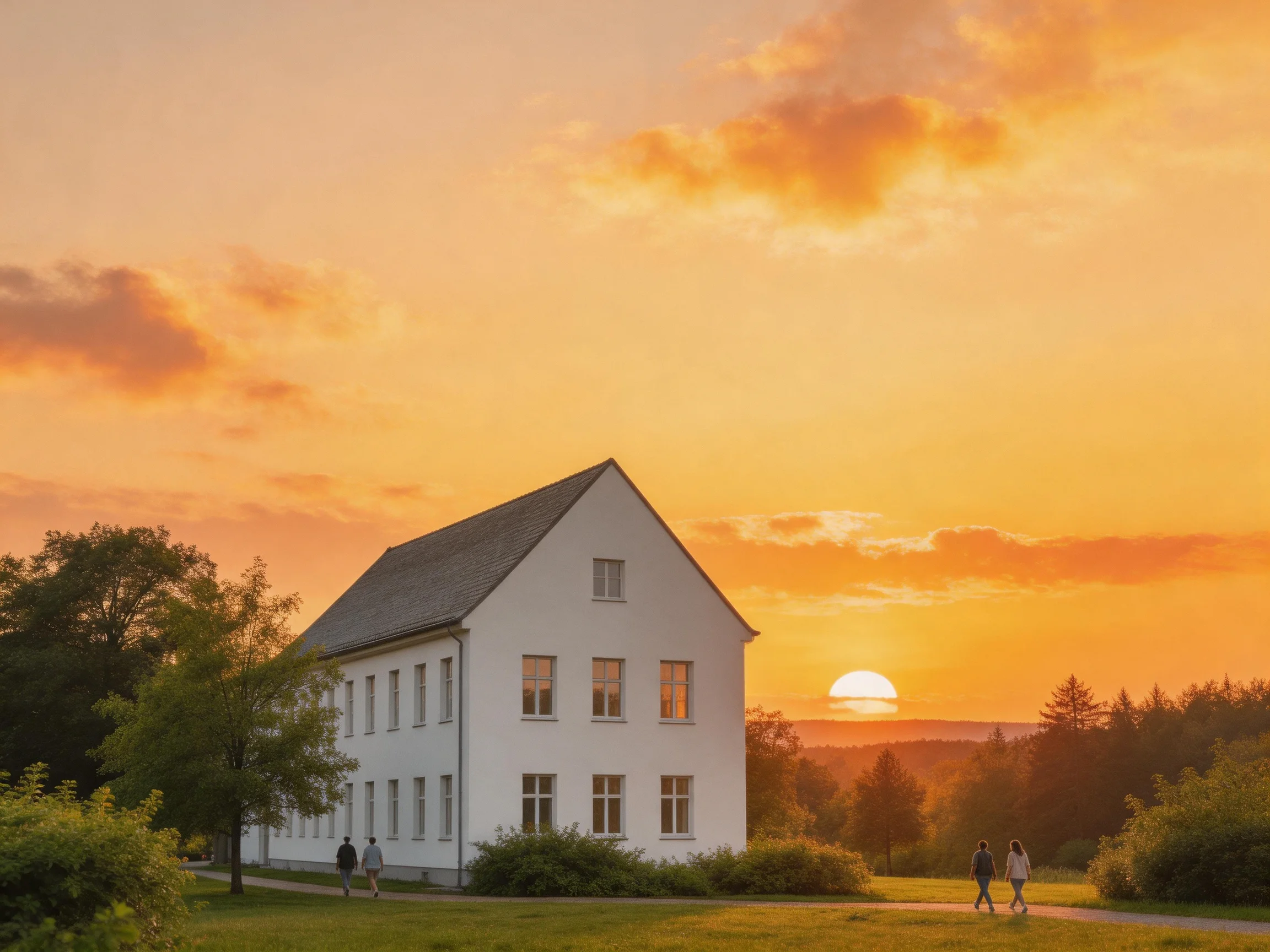A white house near a golden sunset with greenery