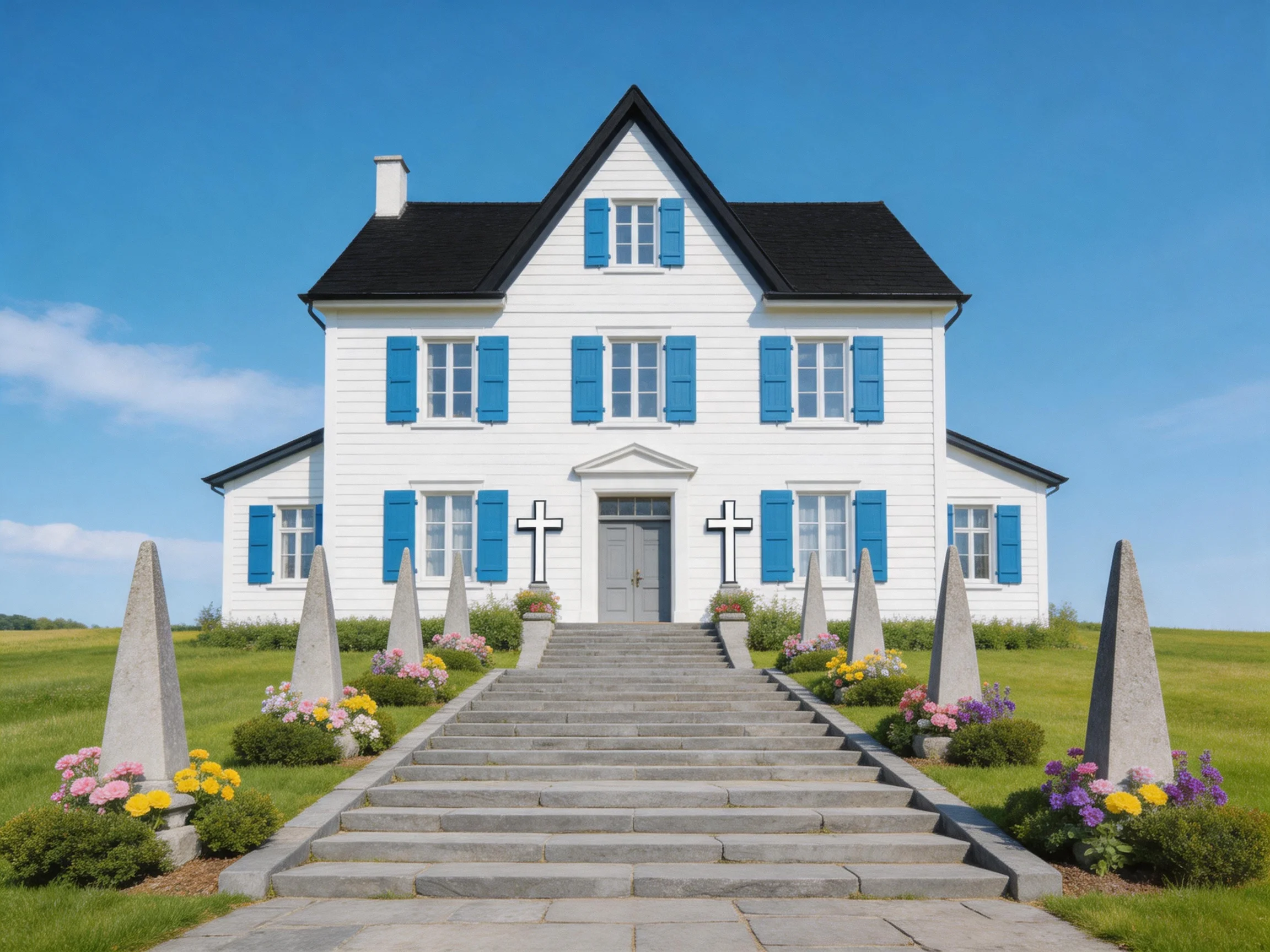 A white house with blue shutters and stone steps near crosses