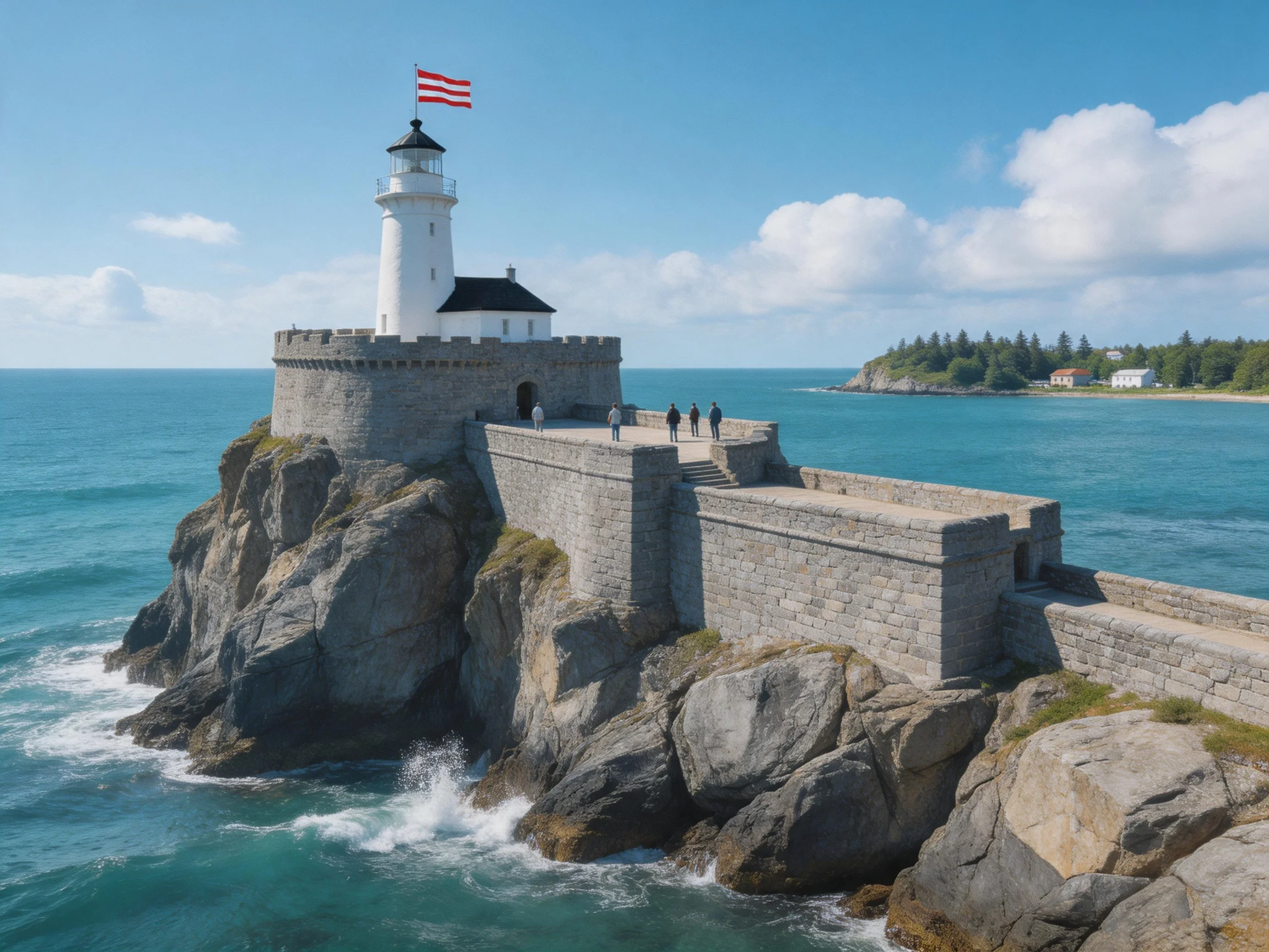 A white lighthouse atop a stone fortress by the turquoise sea