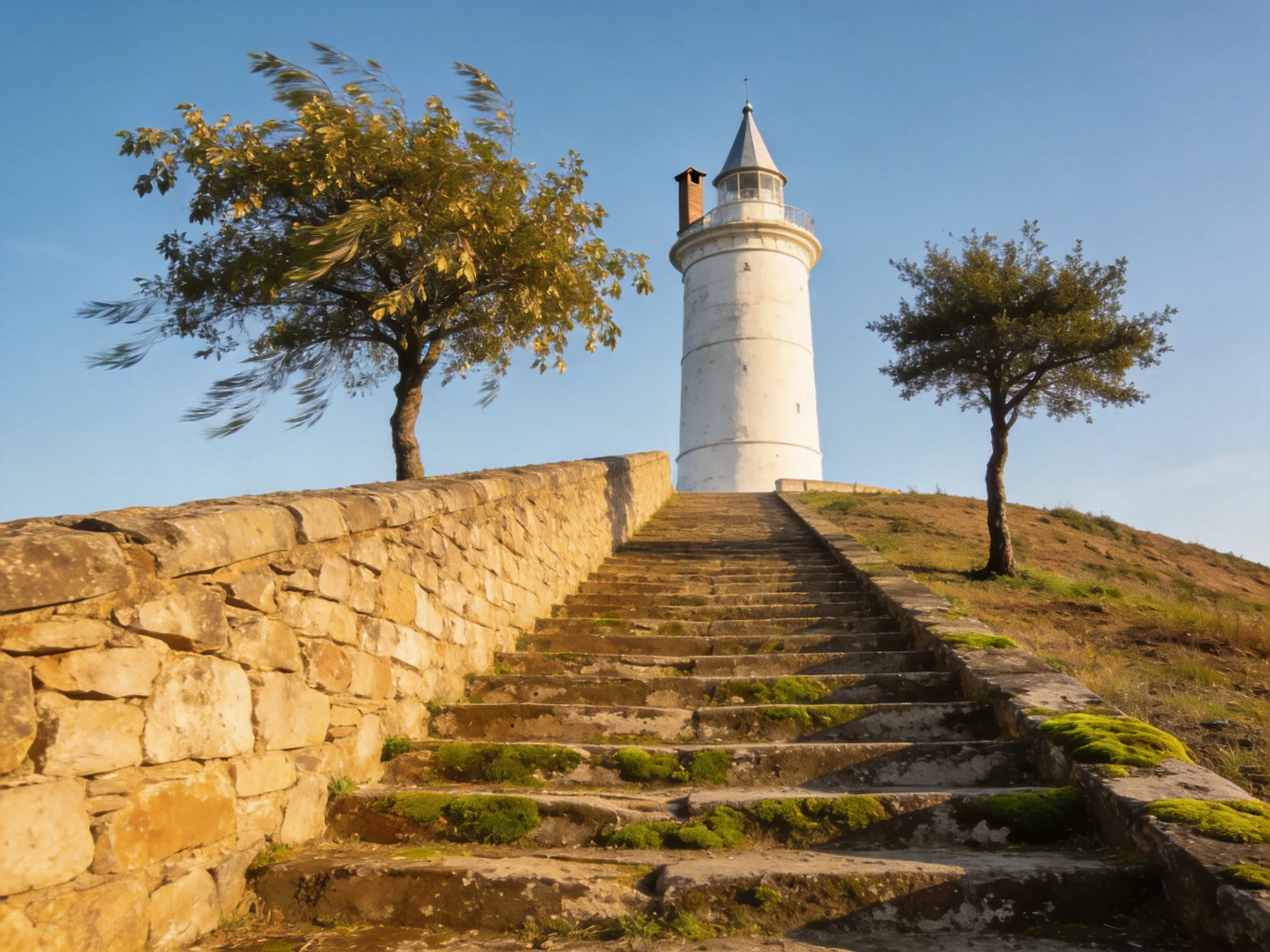 A white lighthouse atop mossy stone steps with two trees nearby
