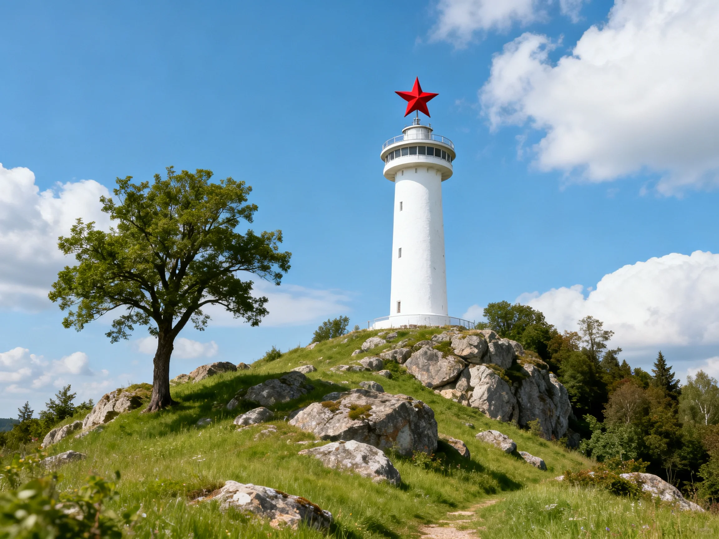 A white lighthouse with a red star atop a rocky hill near a tree