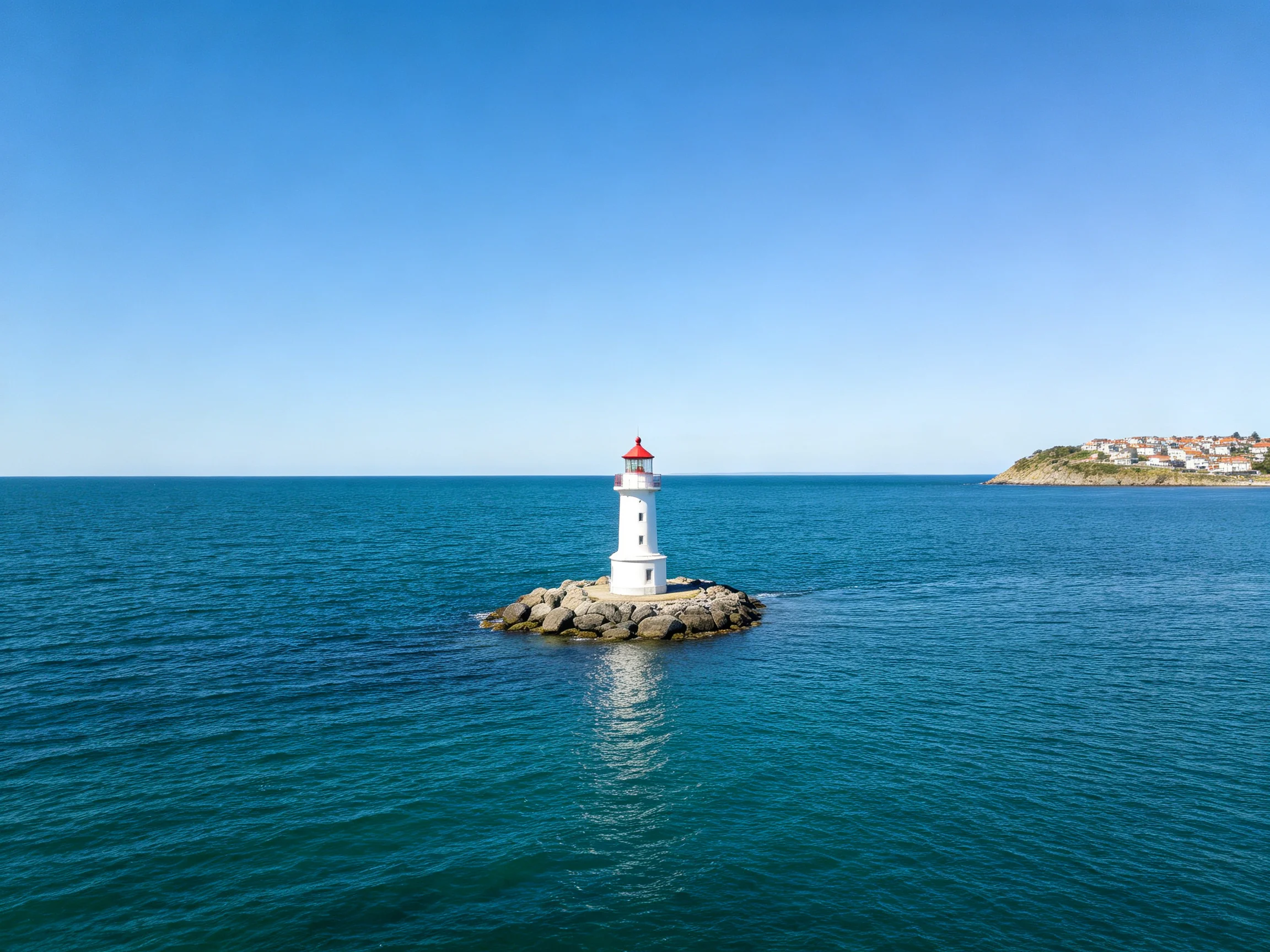 A white lighthouse with red top sits on rocky islet in blue sea