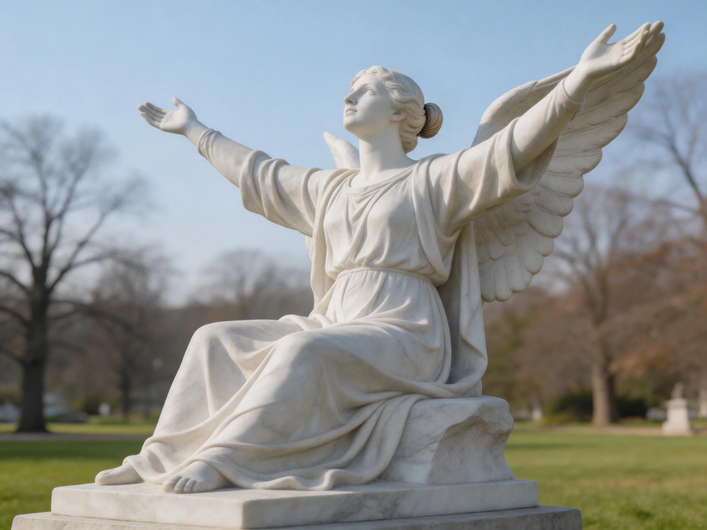 A white marble angel sculpture with outstretched wings in a serene cemetery