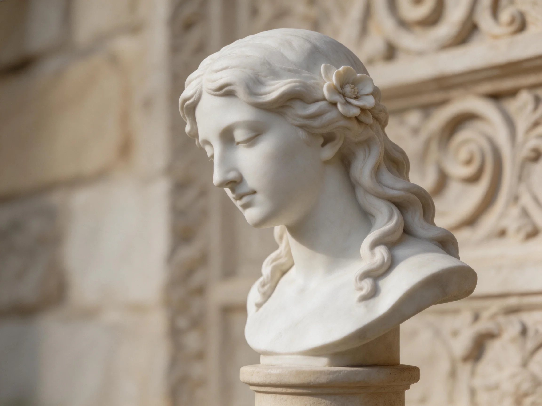 A white marble bust of a woman with wavy hair and floral accessory